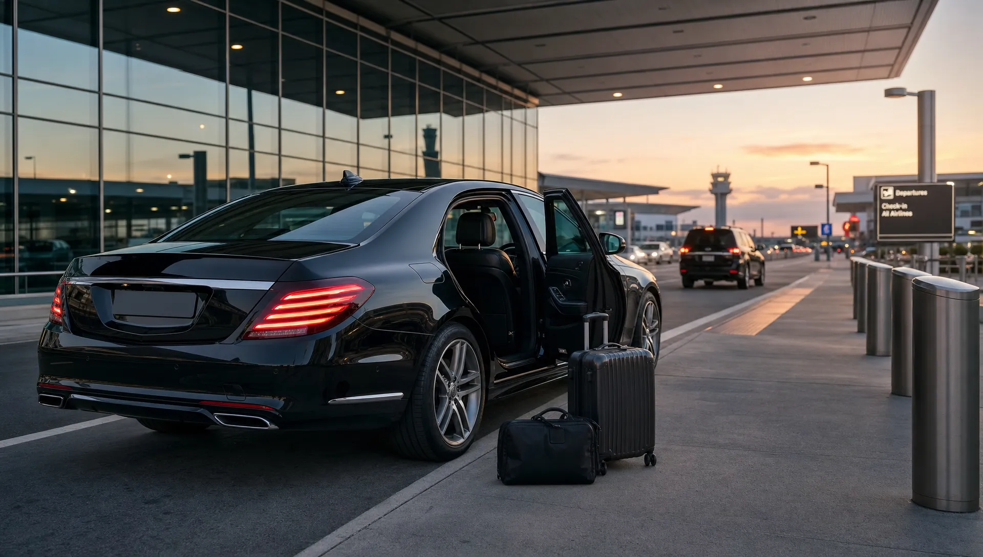 A black luxury sedan waits outside an airport terminal at dusk with luggage set near the rear door for a scheduled airport transfer.