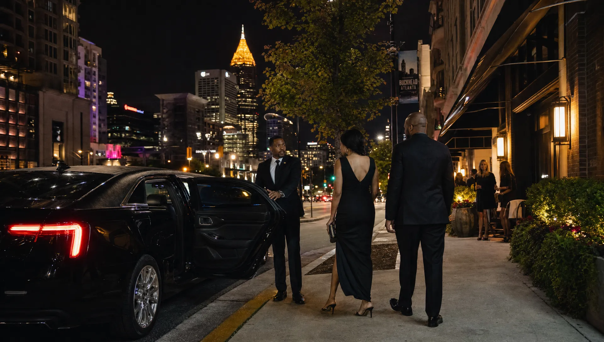 A black luxury limousine waiting outside a downtown Atlanta dinner district at night, with city lights in the background and adults preparing for an evening itinerary.