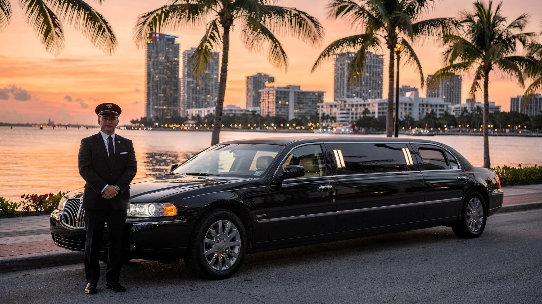 A black luxury limousine parked near palm trees in Miami at sunset, with a waterfront skyline in the background and a professional chauffeur standing beside the vehicle.