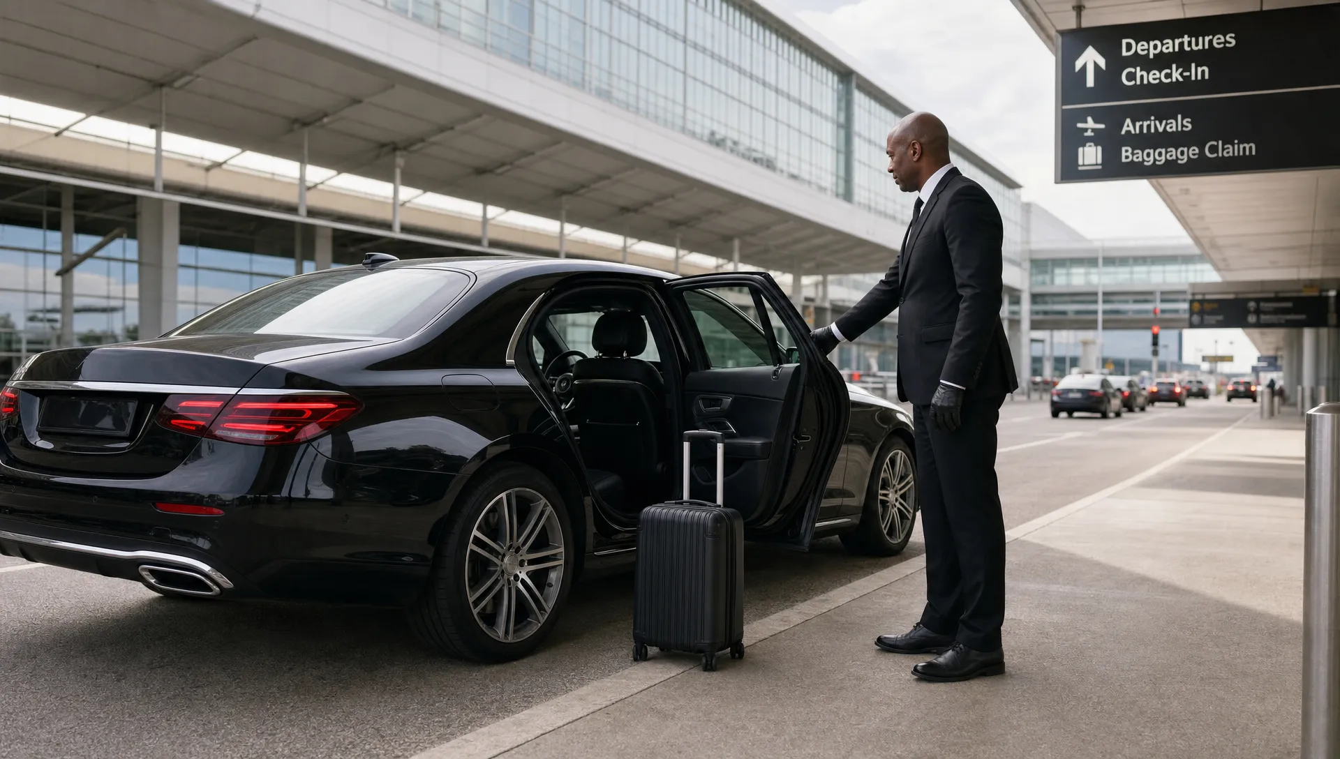 A sleek black luxury sedan waits in an airport curbside pickup lane with a single suitcase near the rear door and a professional chauffeur standing beside the open rear door.