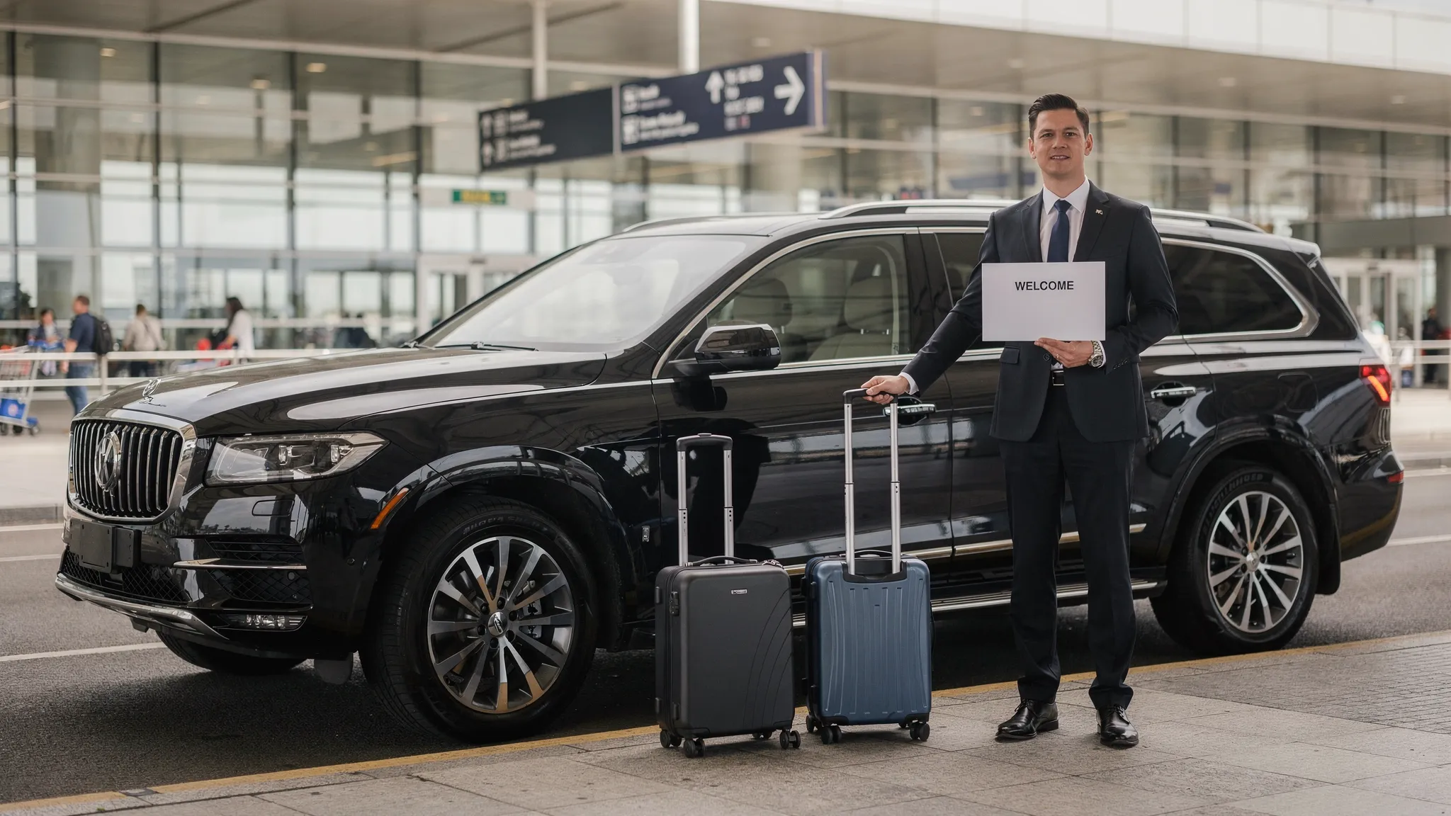 A professionally dressed chauffeur holding a sign at an airport arrivals area beside a spotless black luxury SUV at the curb, with luggage neatly placed and a calm, upscale travel atmosphere.