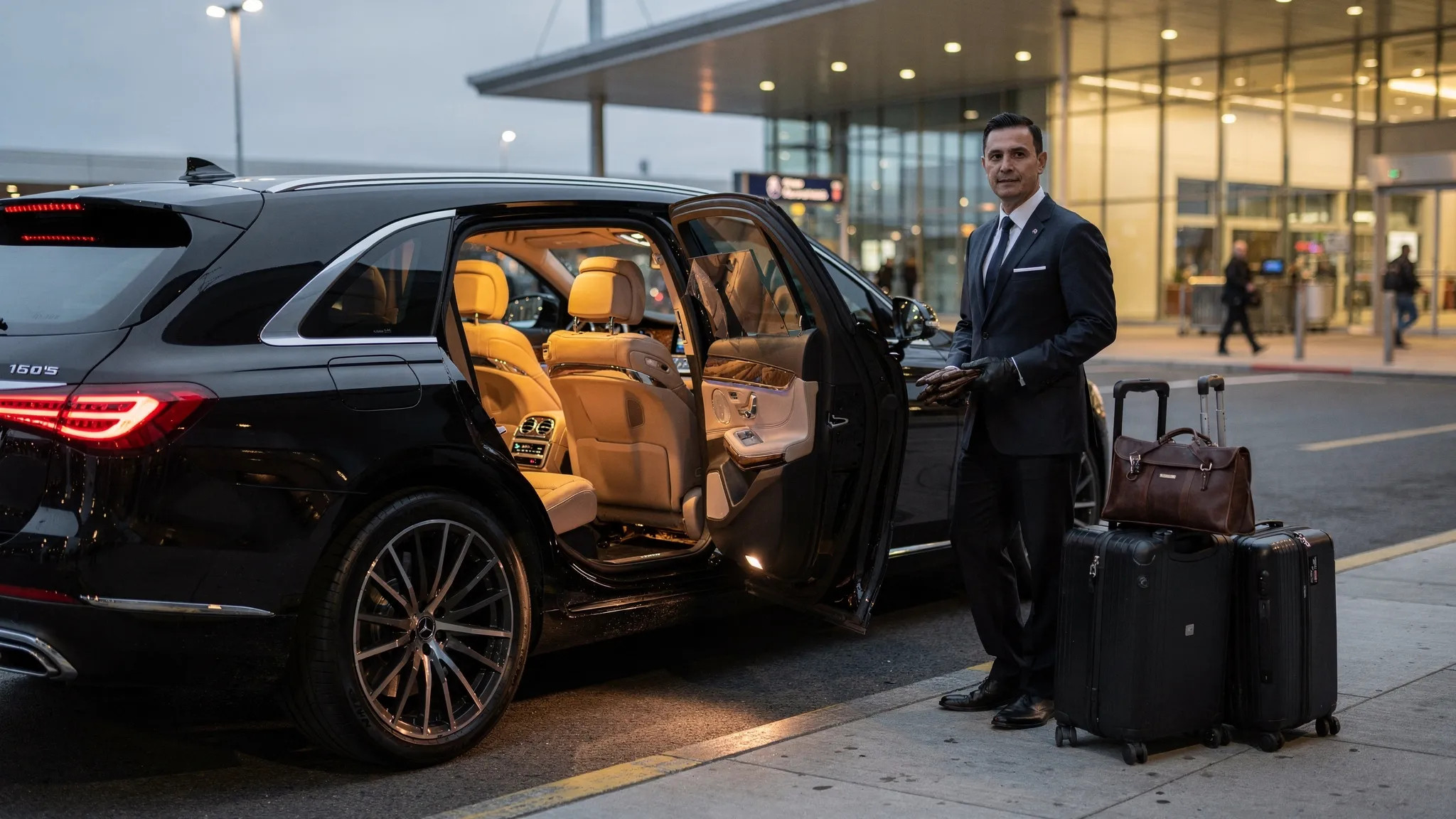 A black luxury SUV at the airport arrivals curb with the rear door open and a chauffeur standing nearby beside stacked luggage
