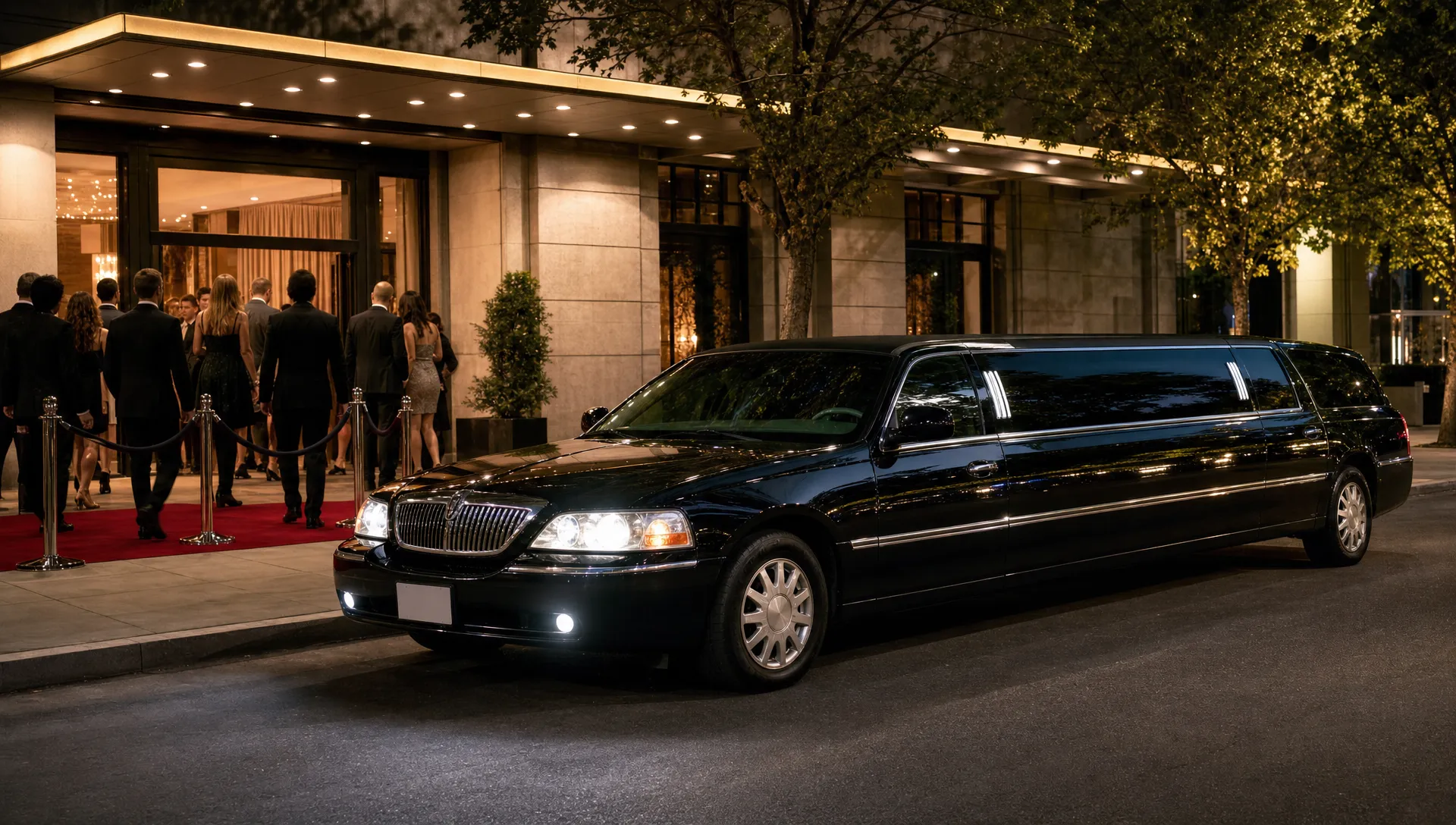 A stretch limousine waits outside an event venue as guests arrive for an affordable limousine ride.