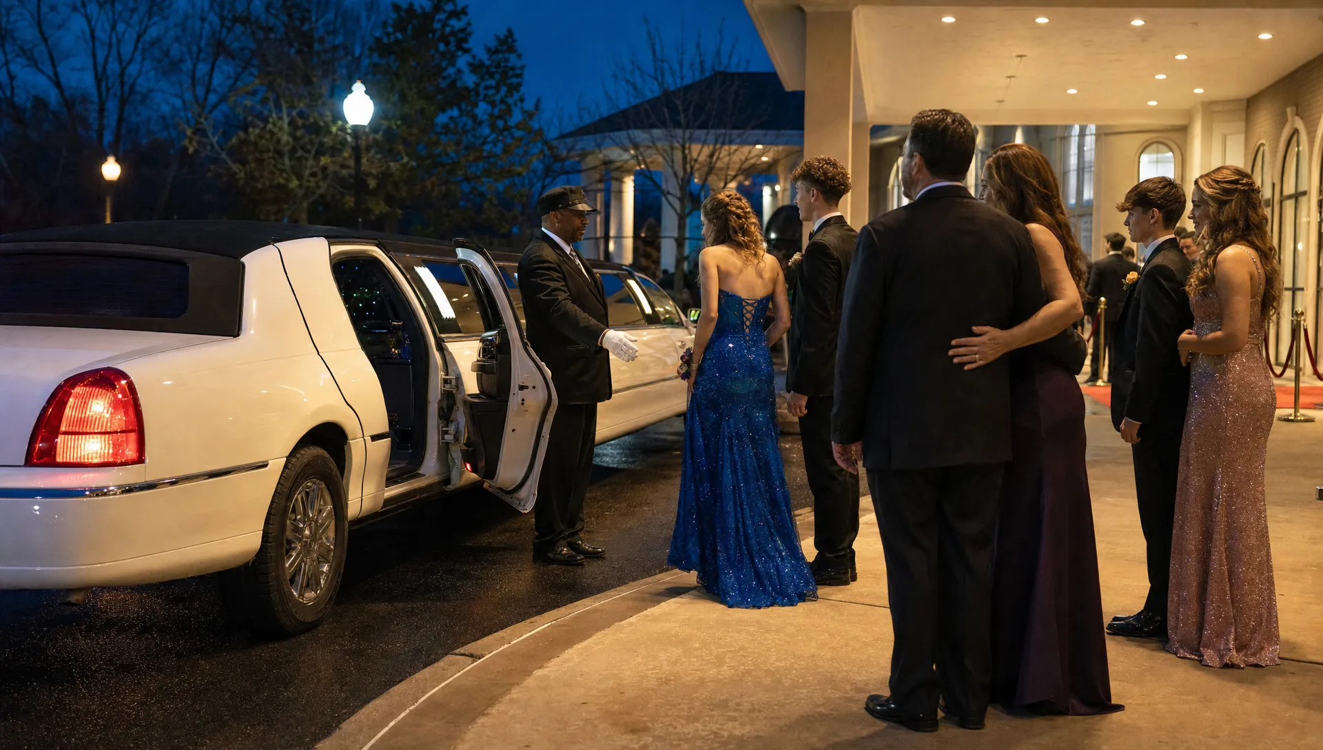 A luxury limousine parked at the prom venue entrance in the evening, with a professional chauffeur holding the door open while teens in prom attire and parents wait on the sidewalk near the curb.