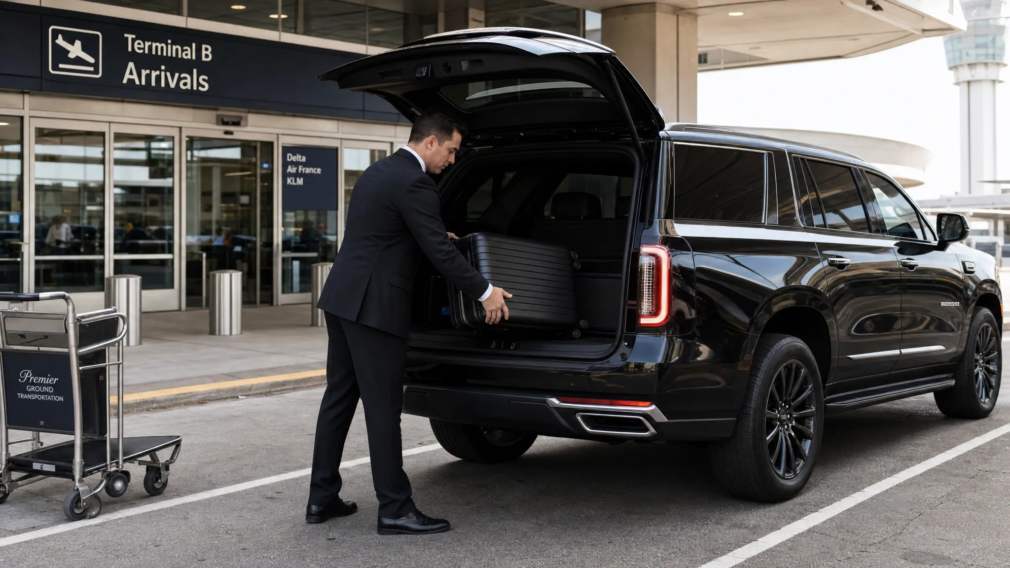 A professional chauffeur in a dark suit standing beside a black luxury SUV at an airport arrivals curb while neatly loading luggage, with terminal doors and airport signage in the background.