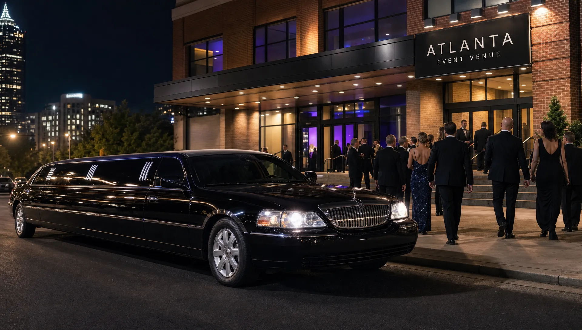 A black limousine waits outside an Atlanta event venue as formally dressed guests arrive at night.