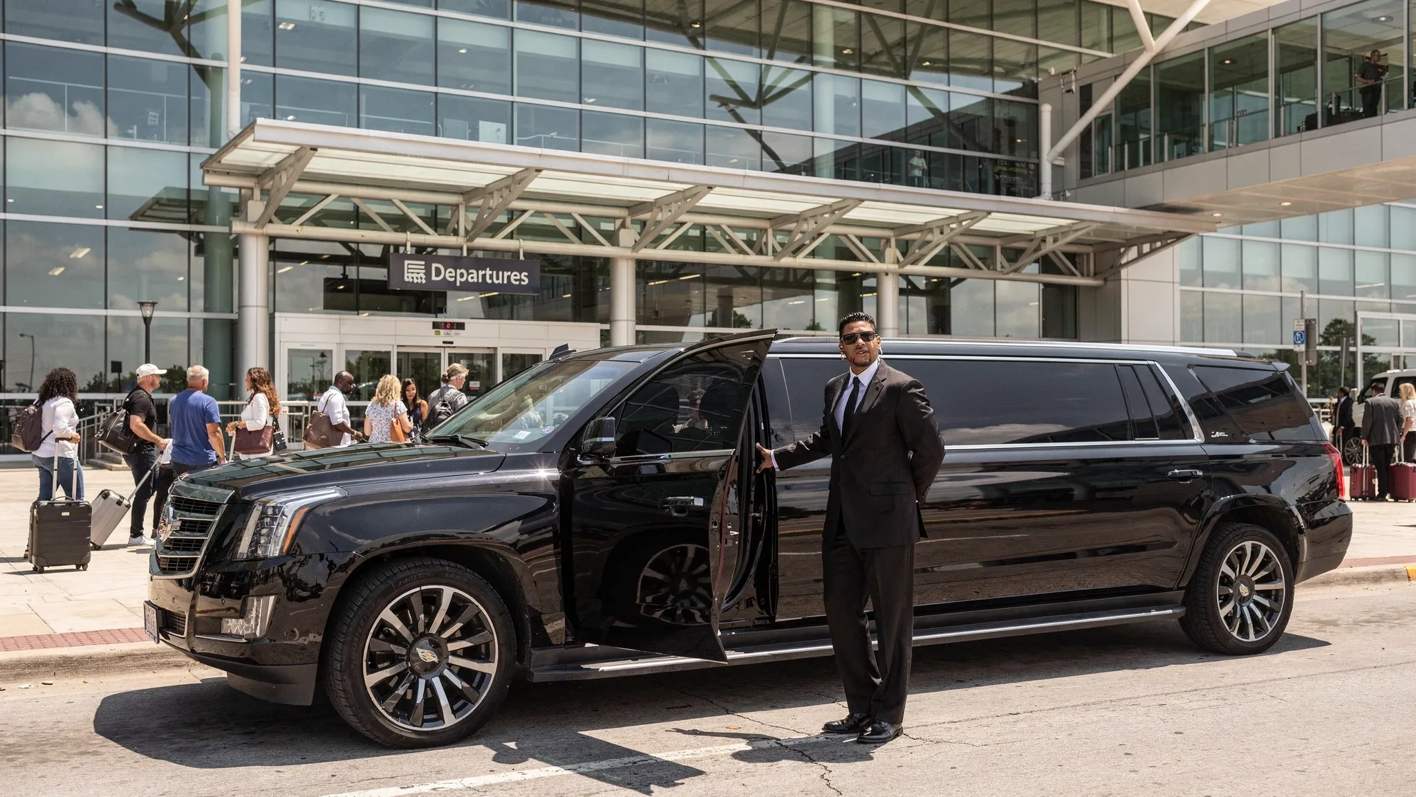 A black luxury SUV and a stretch limousine waiting near a modern airport terminal in Houston, with travelers carrying luggage and a professional chauffeur standing by the vehicle door.