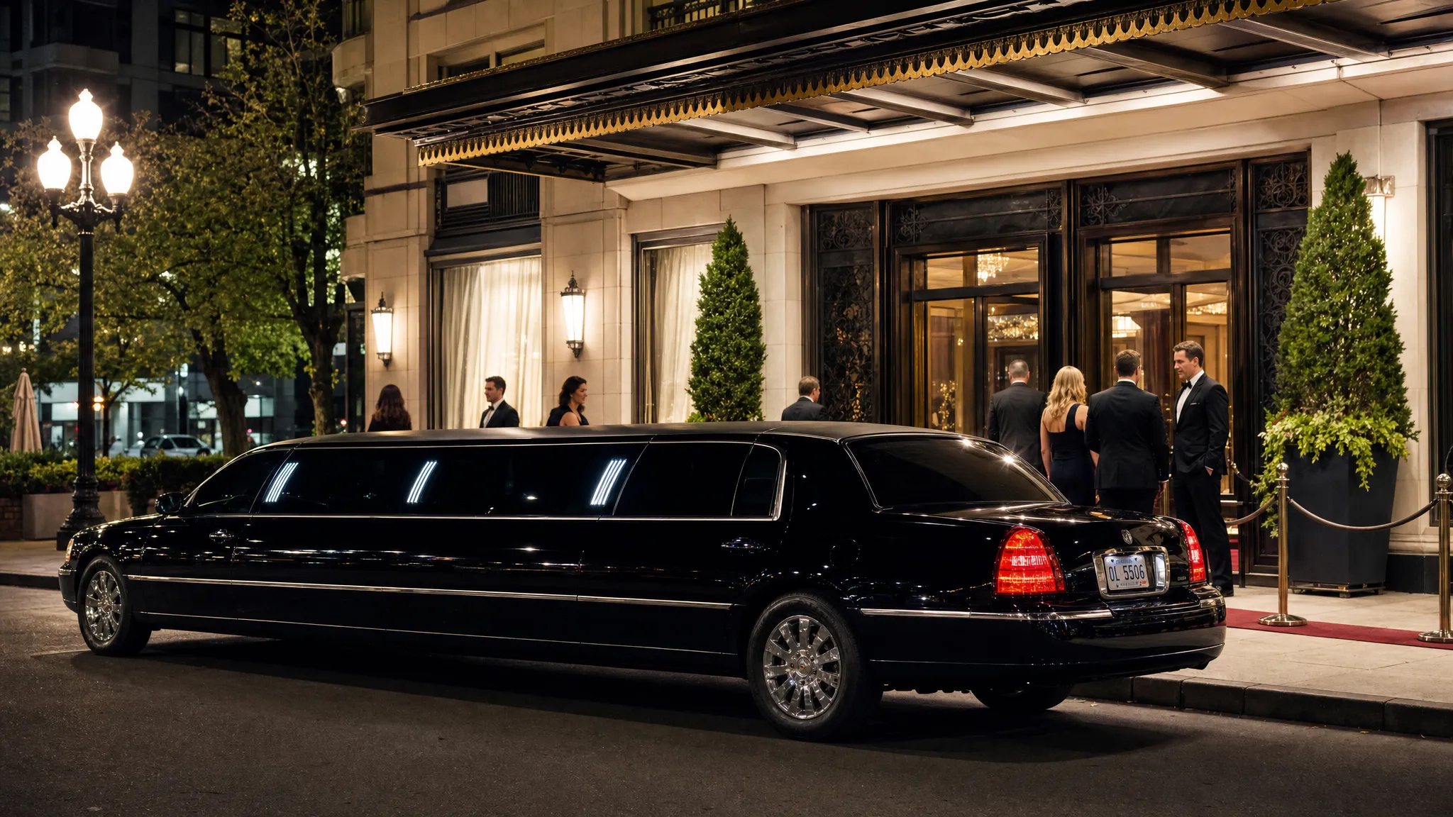 A black stretch limousine parked along a city curb outside an elegant evening venue while well-dressed guests gather near the entrance, with lights from the building and street creating a refined arrival scene.
