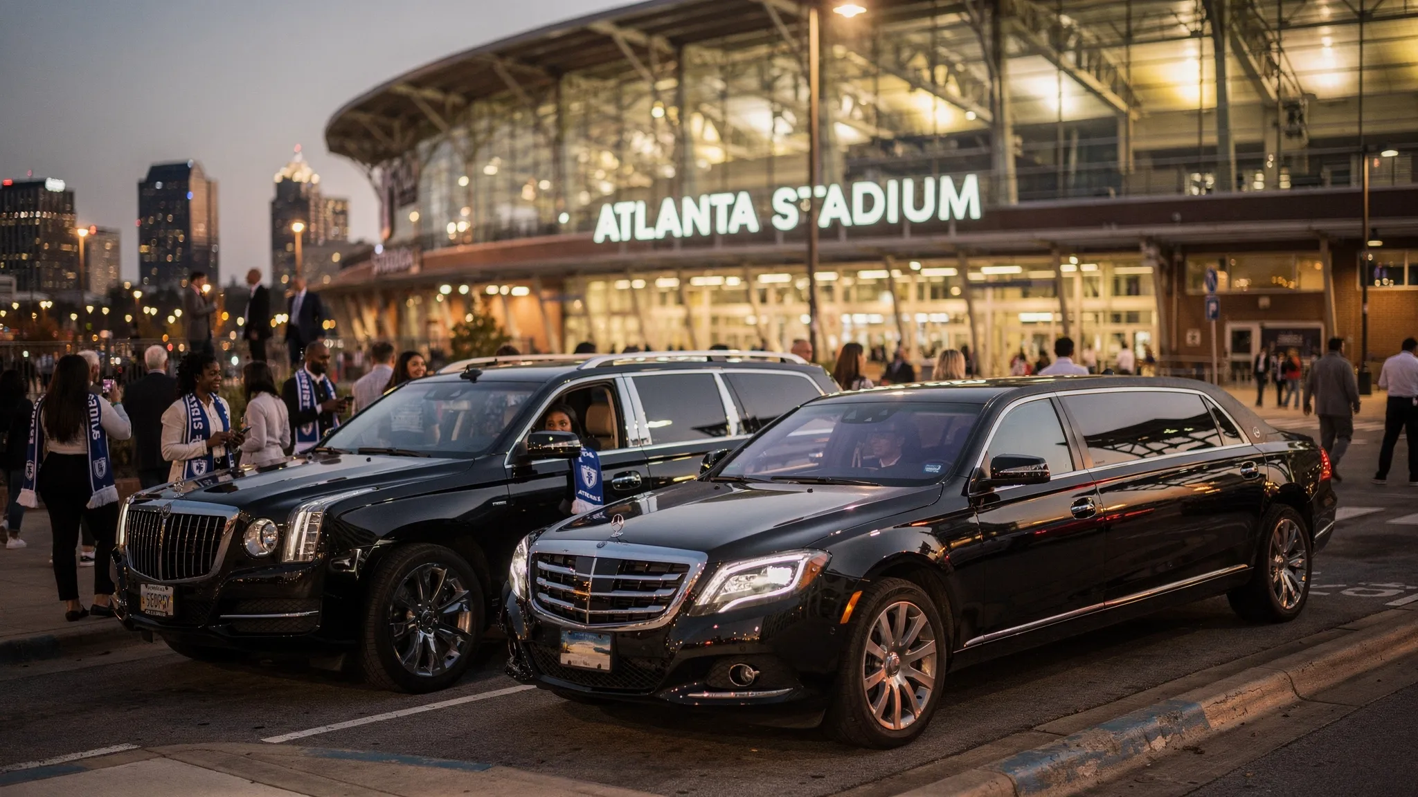 A black luxury SUV and executive limousine waiting near a modern stadium in Atlanta while well-dressed soccer fans arrive for a major international match.