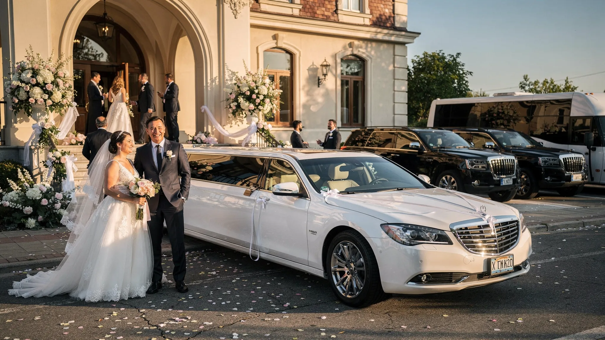 A white stretch limousine parked outside an elegant wedding venue with floral arrangements, a newly married couple nearby, and guests preparing to board luxury SUVs and a party bus.