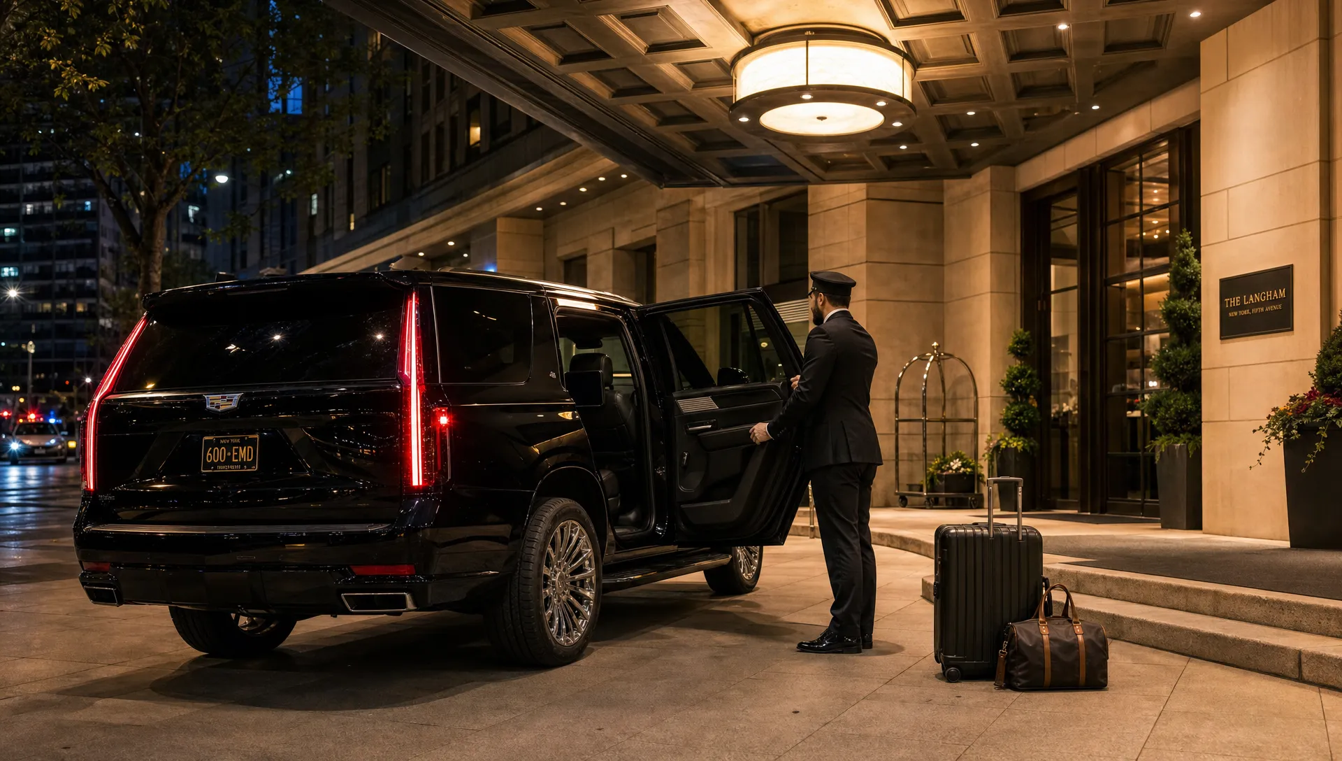 A luxury black SUV waits under an upscale hotel entrance canopy at night while a professional chauffeur stands near the open rear door and luggage is neatly placed beside the vehicle.