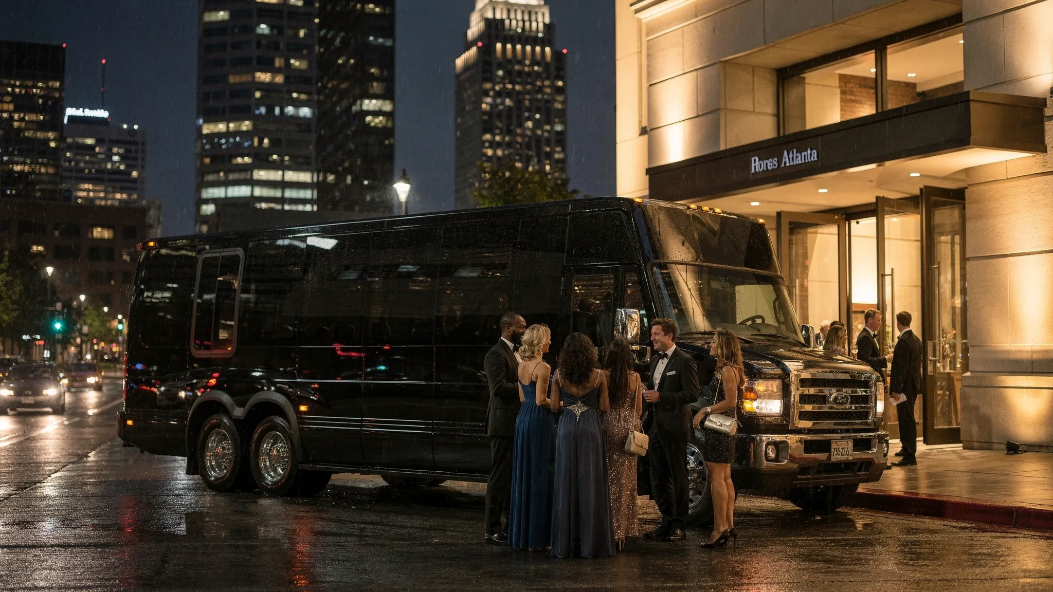 A black luxury party bus parked outside an elegant Atlanta event venue at night, with guests in formal attire gathering near the entrance and city lights in the background.