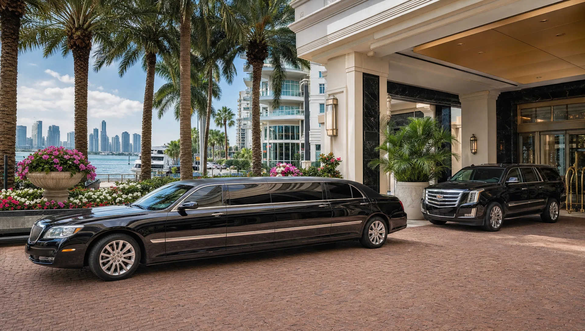A black stretch limousine and luxury SUV wait outside a Miami waterfront hotel entrance with palm trees and floral arrangements.