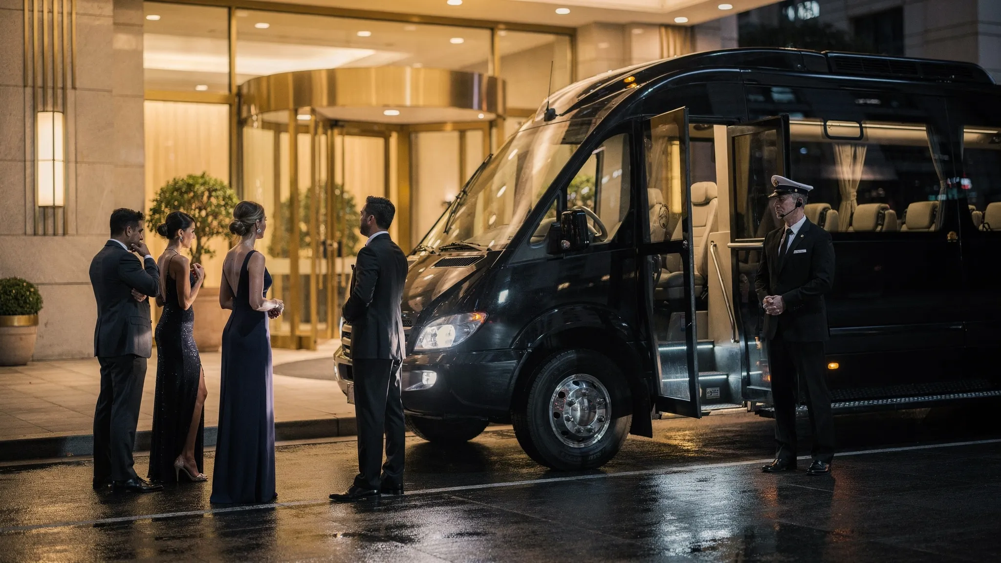 A luxury limo bus parked near a hotel entrance at night while a small group prepares for a formal event, with the chauffeur standing by the open passenger door.