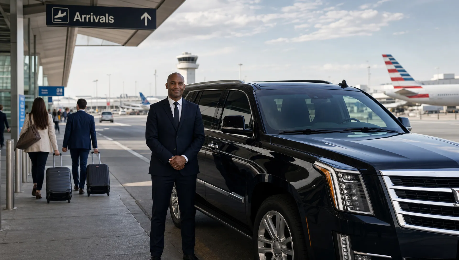 A professional chauffeur standing beside a black luxury SUV outside an airport arrivals curb, with travelers carrying luggage nearby and aircraft visible beyond the terminal.