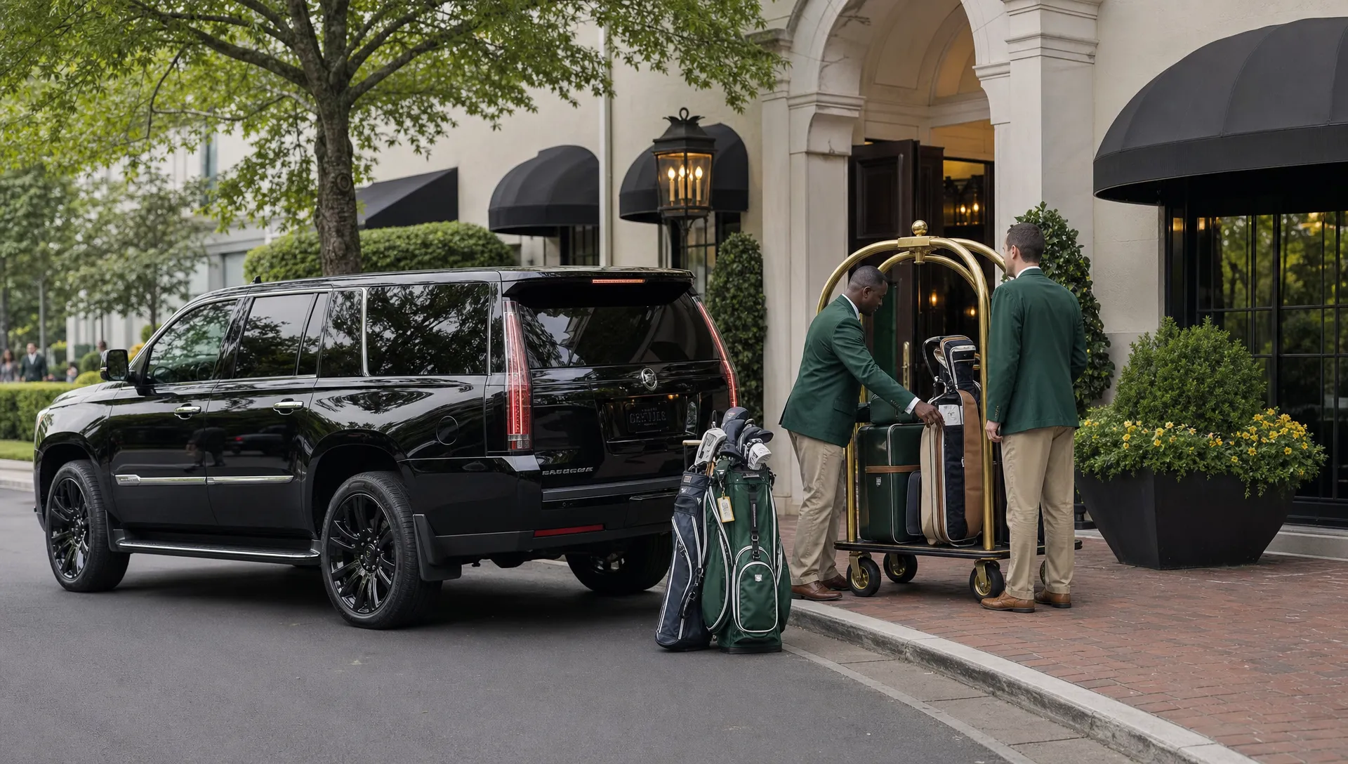 A black luxury SUV waits at an Augusta hotel entrance with luggage and golf bags by the curb during Masters Week.
