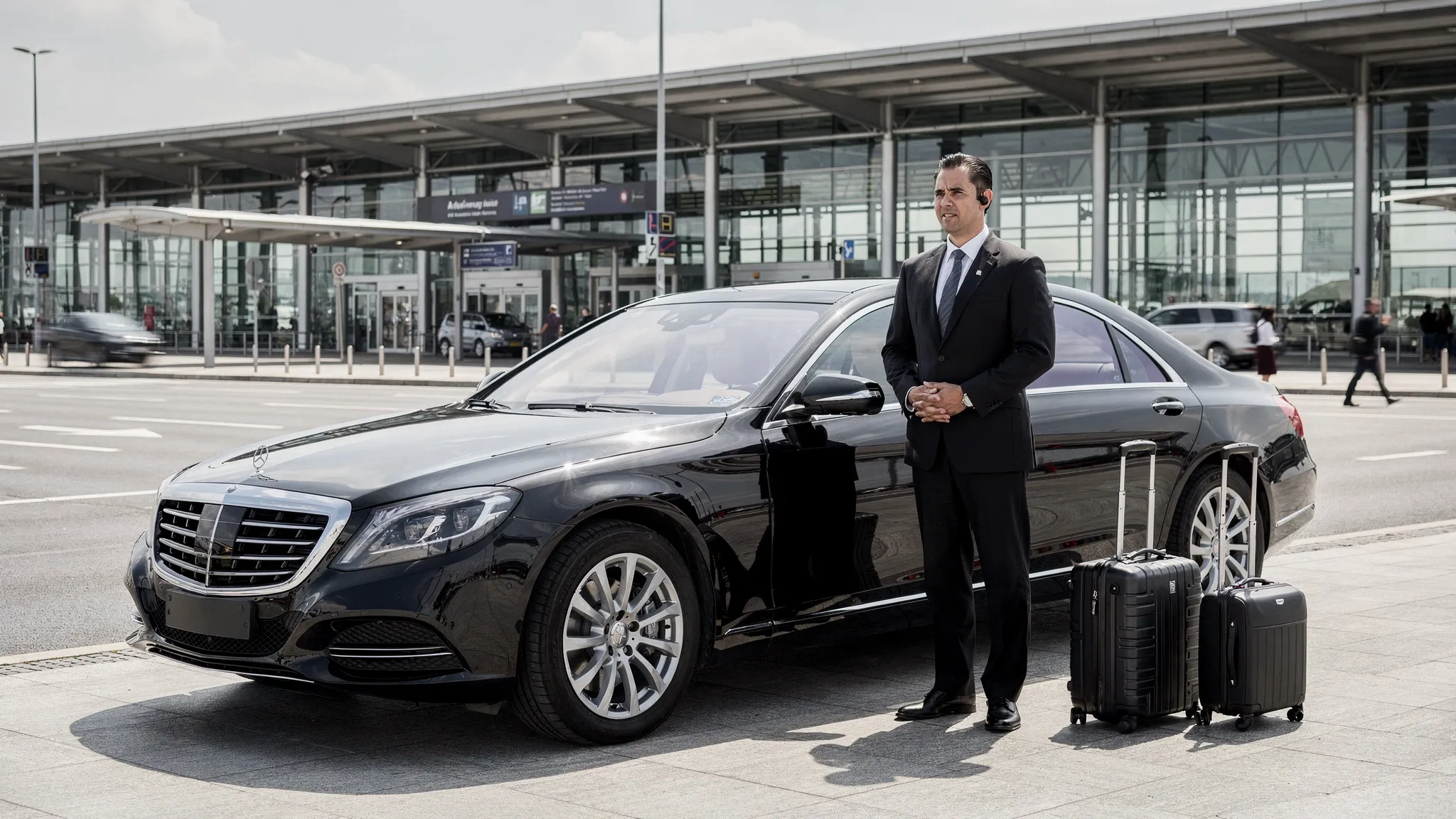 A black luxury sedan waiting at an airport pickup area with a professional chauffeur standing nearby, luggage neatly placed beside the vehicle, and airport terminal architecture in the background.