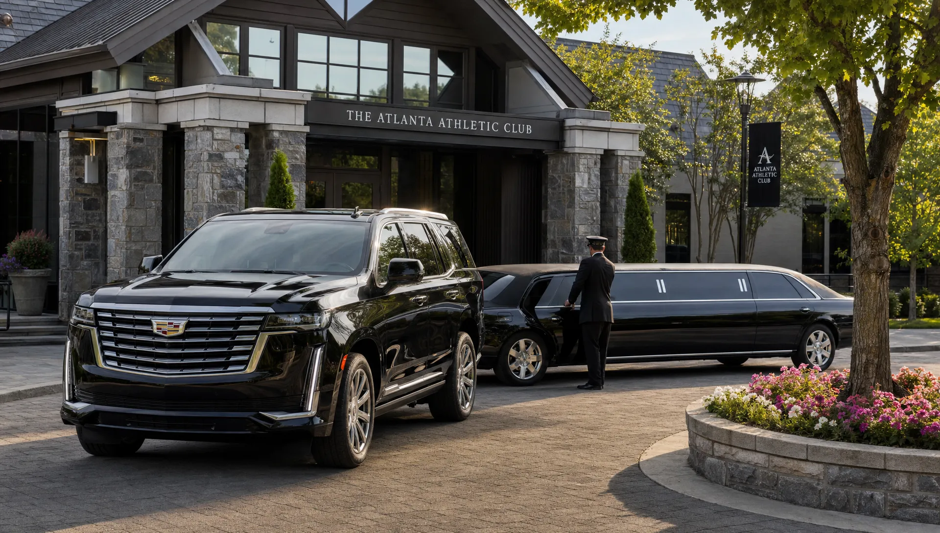 A luxury black SUV and stretch limousine wait outside an Alpharetta venue as a chauffeur prepares for a scheduled pickup.