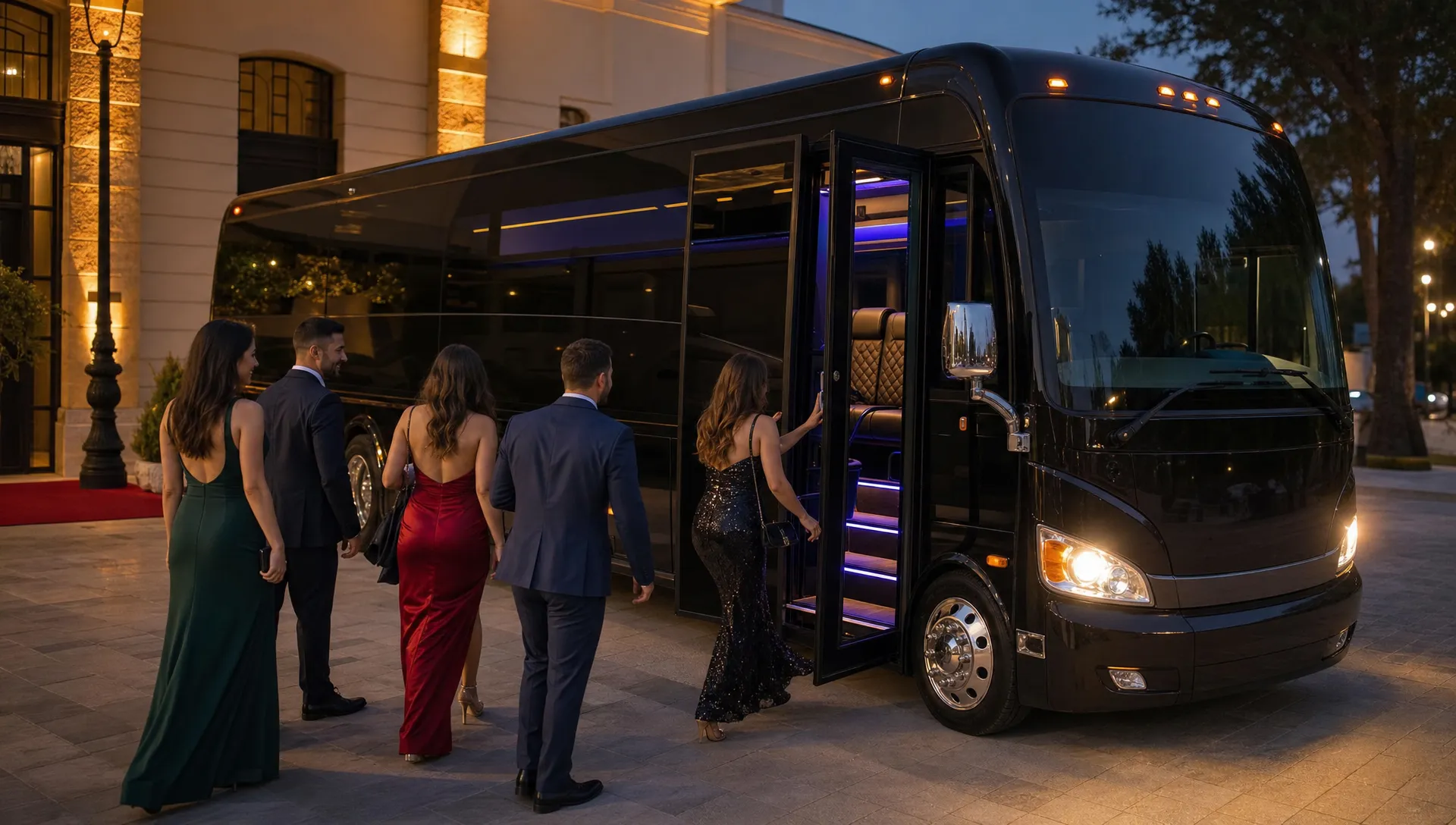 A luxury party bus parked outside an evening event venue with warm interior lighting, comfortable seating visible through the open door, and a small group of guests preparing to board.