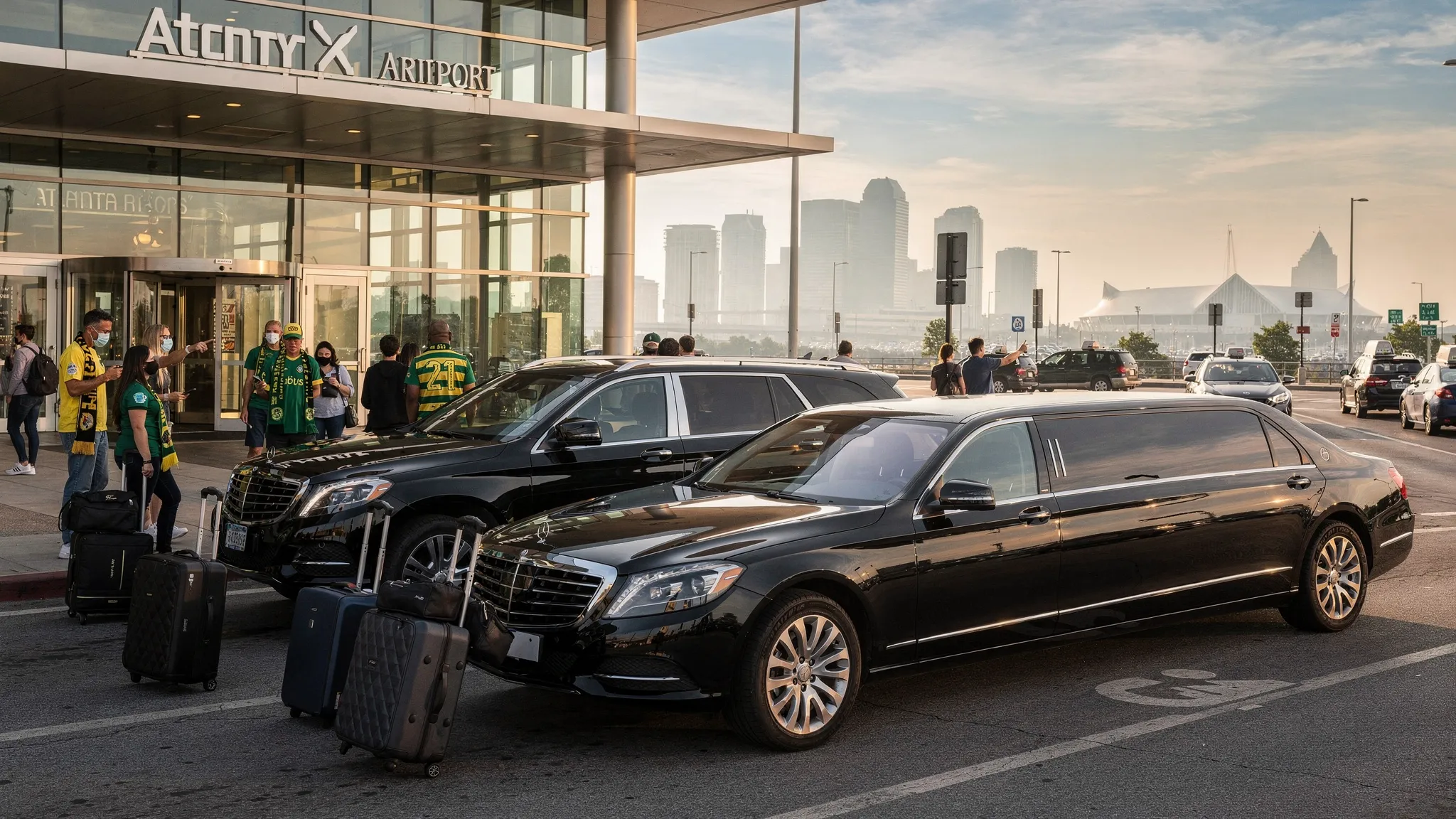 A luxury black SUV and stretch limousine waiting near Atlanta airport arrivals, with travelers carrying luggage and a distant view suggesting downtown Atlanta and Mercedes-Benz Stadium on a busy soccer matchday.