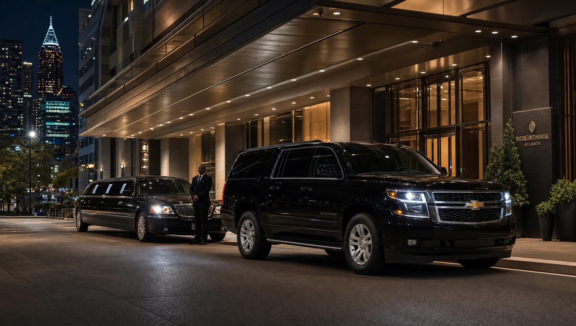 A luxury black SUV and stretch limousine wait outside an Atlanta hotel at night with a chauffeur near the curb for 24/7 service.
