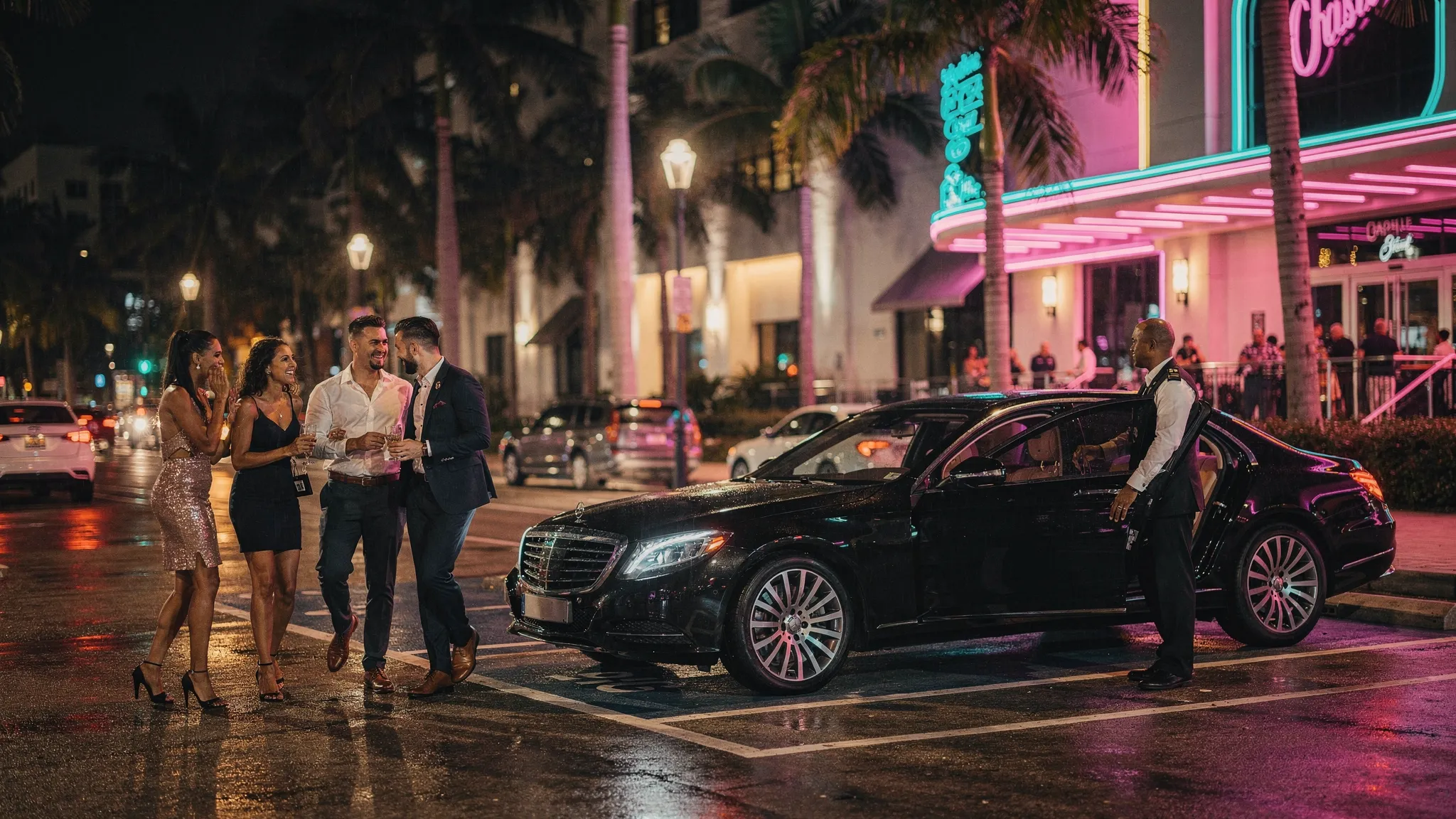 A nighttime Miami curbside scene outside a popular nightlife venue, with palm trees and neon lighting. A chauffeured luxury vehicle is staged in a designated pickup area while a small group dressed for a night out walks toward the car.