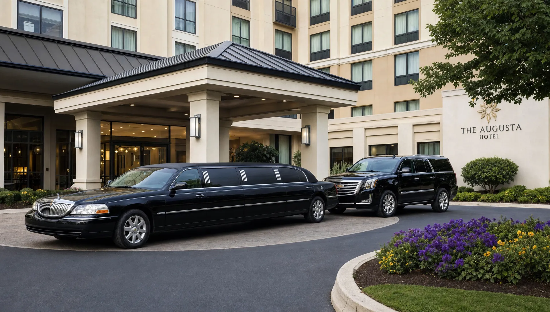 A black limousine and SUV wait outside an Augusta hotel entrance for airport and event travelers booking online.