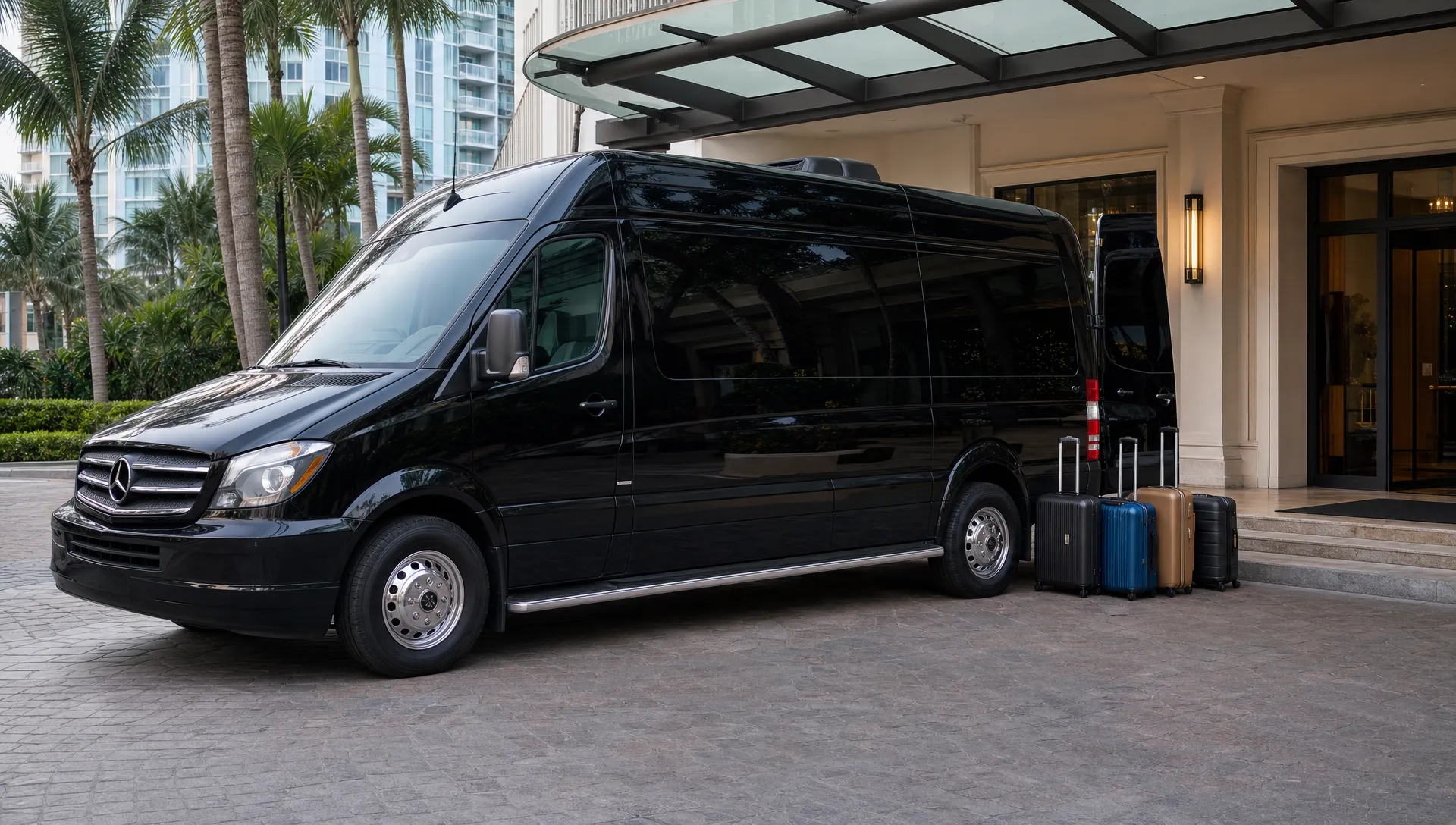 A black Sprinter limo is parked outside a Miami hotel entrance with several suitcases lined up by the rear doors.