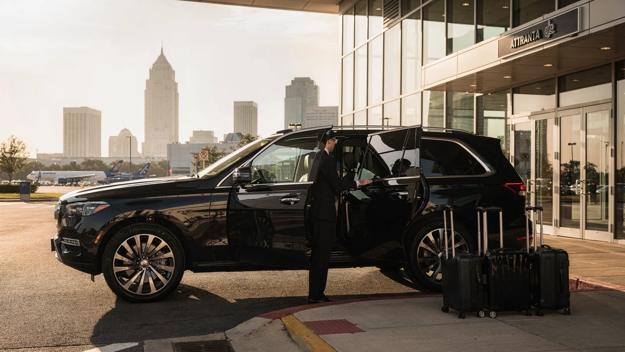 A luxury black SUV and a professional chauffeur waiting near an Atlanta airport terminal with luggage nearby and the city skyline in the distance.