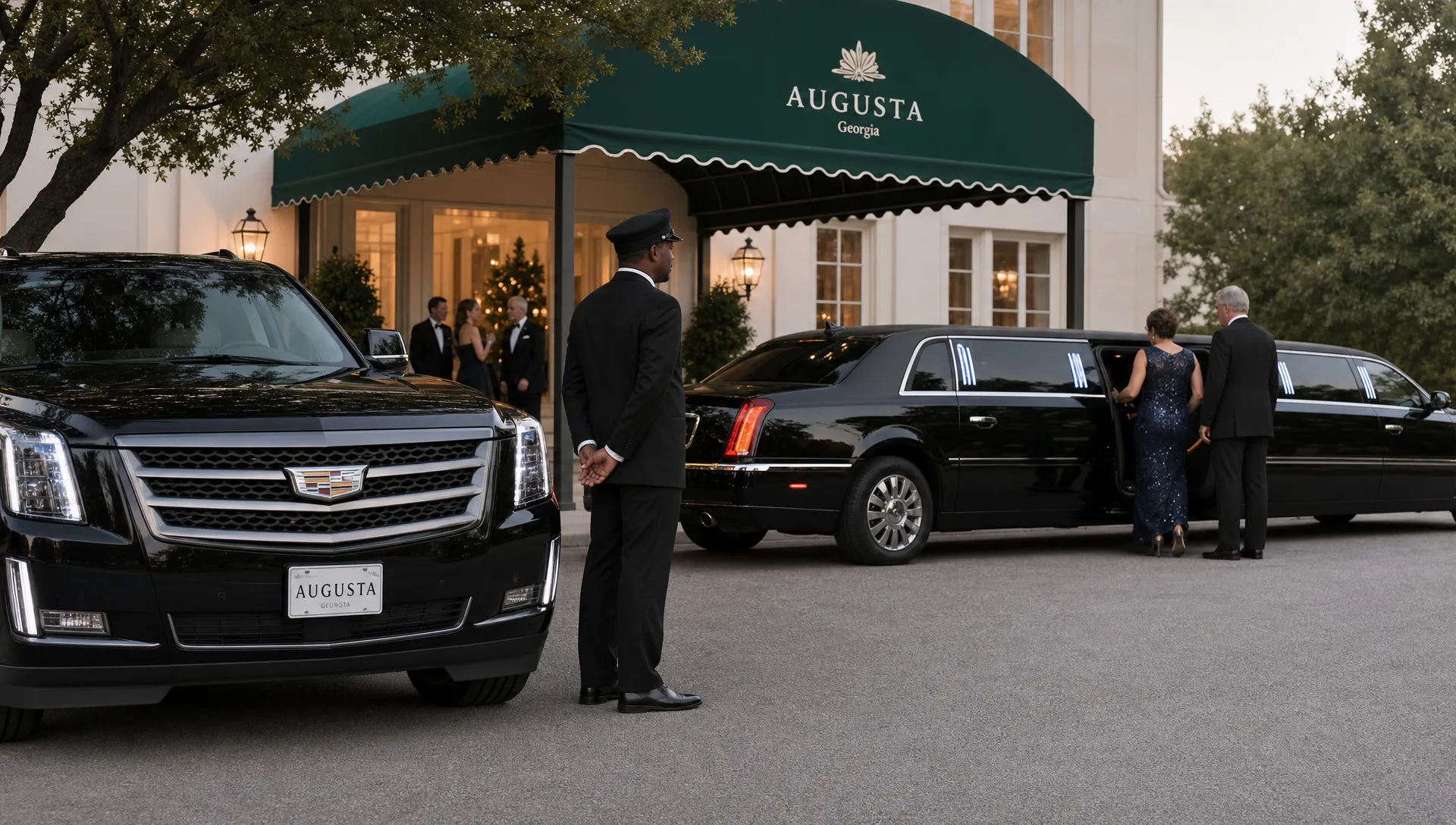 A black luxury SUV and a stretch limousine parked near a formal venue entrance in Augusta, with an adult chauffeur beside the vehicles and guests preparing to depart for an upscale event.
