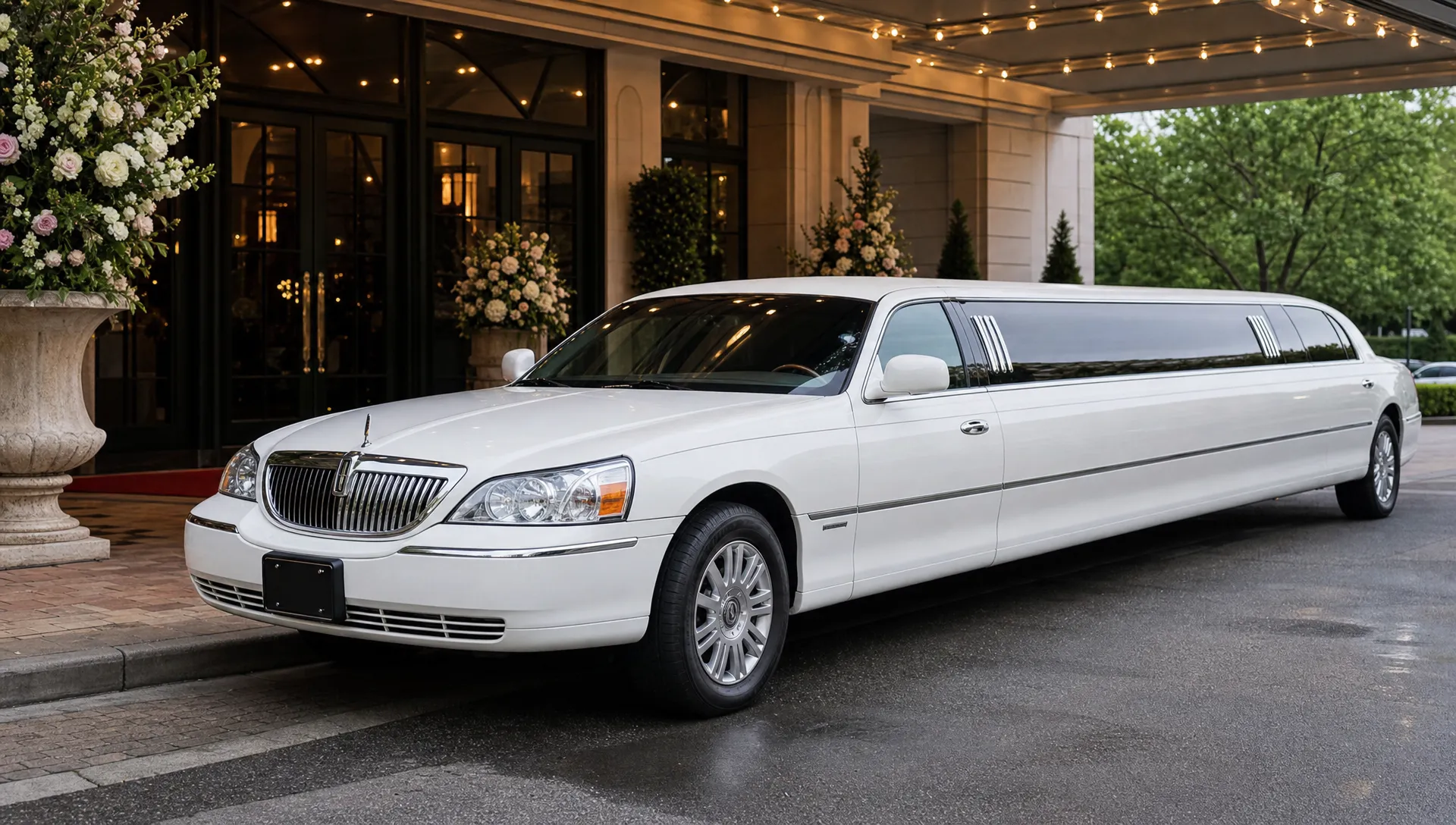 A Lincoln stretch limo is parked outside an elegant venue entrance with floral arrangements, ready for a wedding or prom arrival.