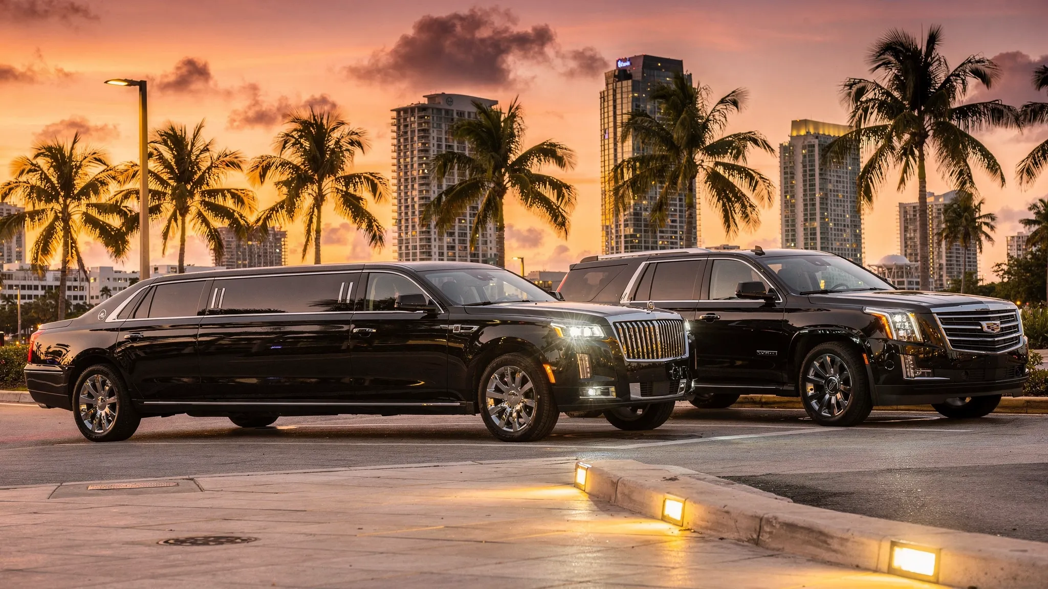 A luxury limousine and an SUV parked near the Miami skyline at sunset, with palm trees and a well-lit curbside pickup area in the foreground.