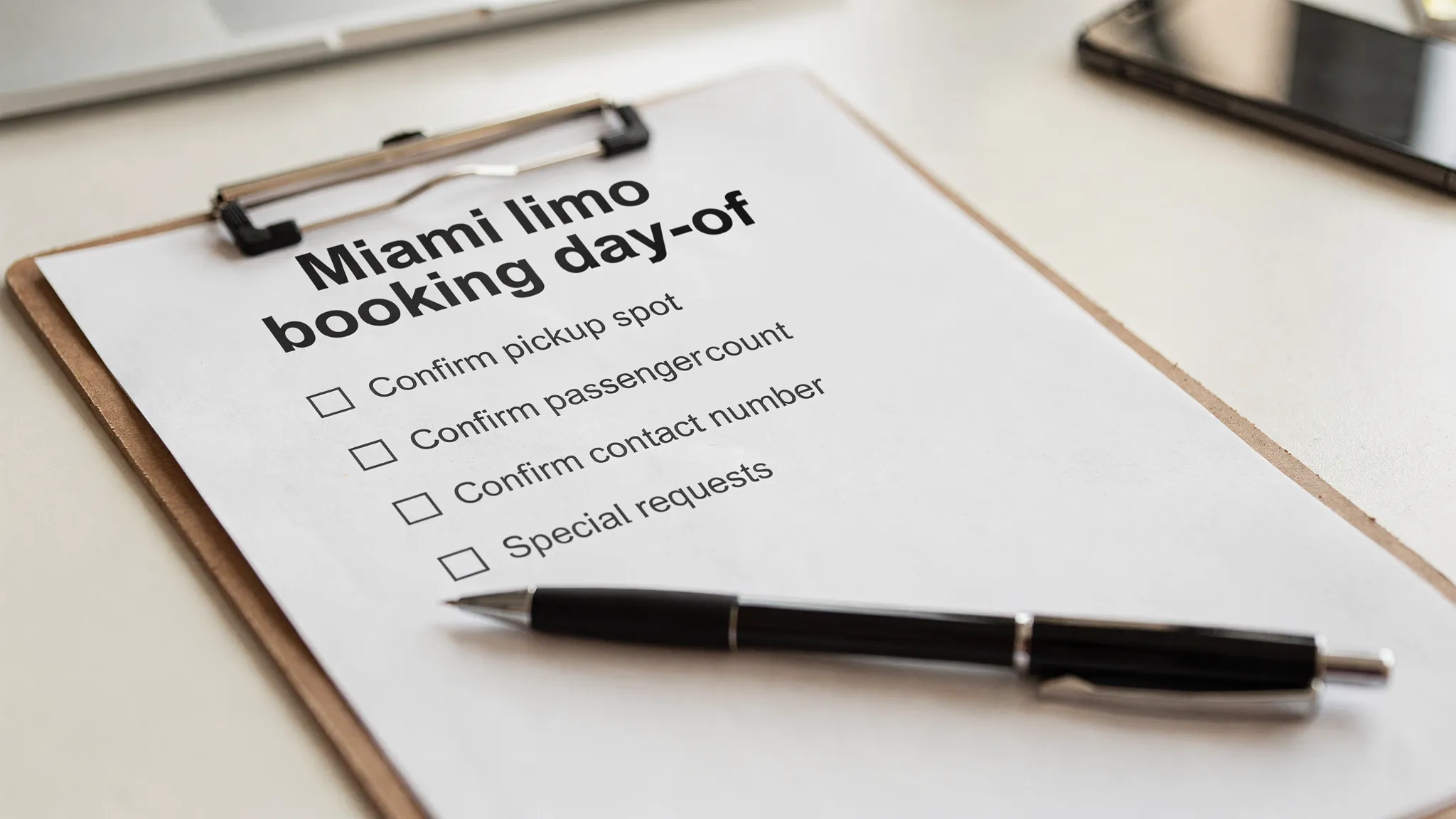 A simple checklist on a clipboard labeled “Miami limo booking day-of,” showing items like confirm pickup spot, passenger count, luggage, and contact number.