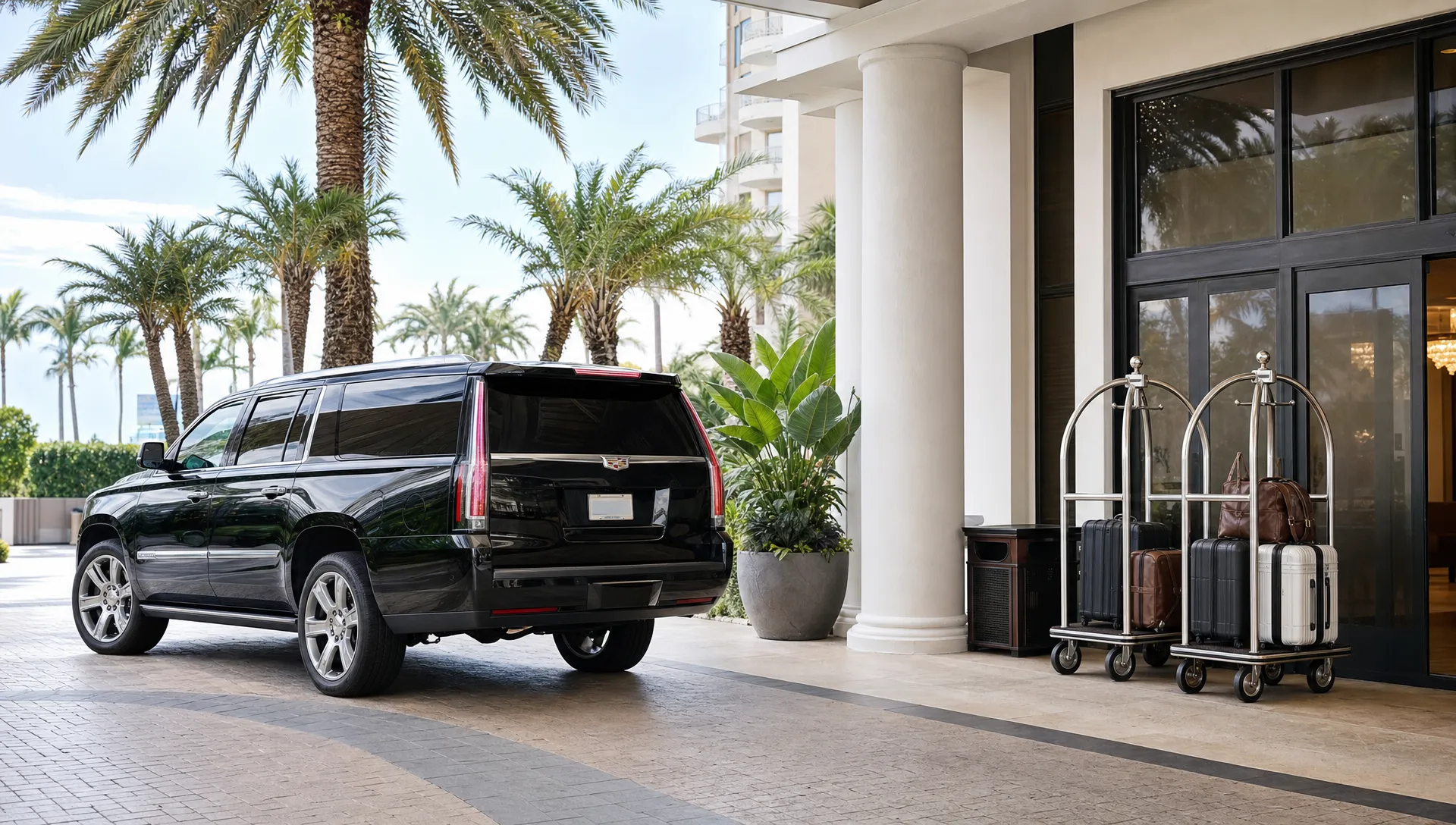 A black luxury SUV waits at a Miami hotel entrance with luggage carts and palm trees nearby after an airport transfer.
