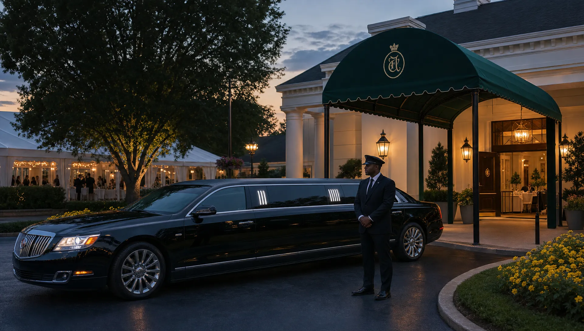 A black luxury limousine waiting outside an elegant Augusta event venue at dusk, with warm lights, a polished entrance, and a chauffeur standing nearby ready for guests.