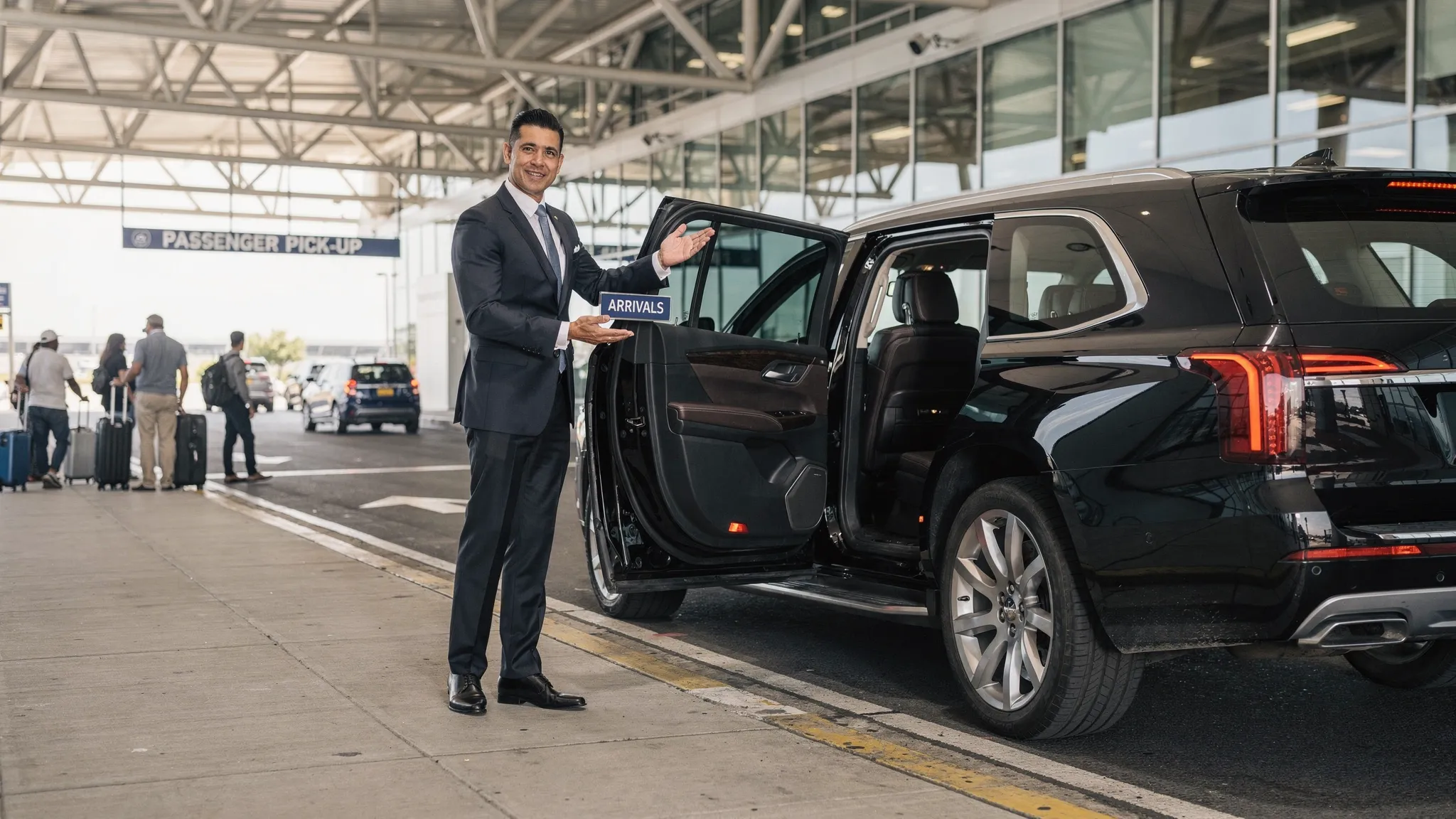 A professional chauffeur standing beside a luxury black SUV at an airport arrivals area, with travelers and luggage nearby in a clean, organized curbside setting.