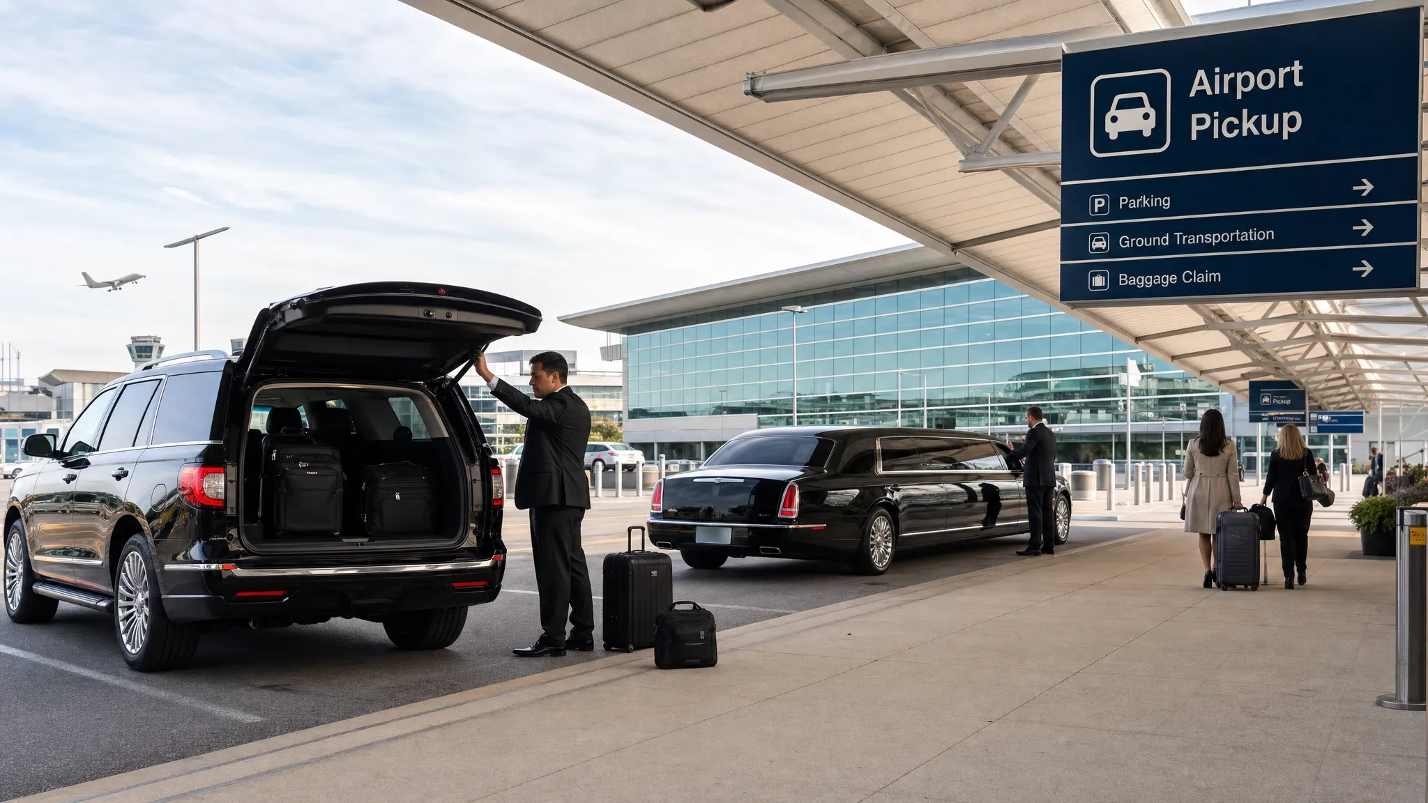 A luxury SUV and a sleek black limousine staged in a designated airport pickup zone with travelers’ luggage beside them, showing a clean terminal curbside area and clear airport transportation signage.