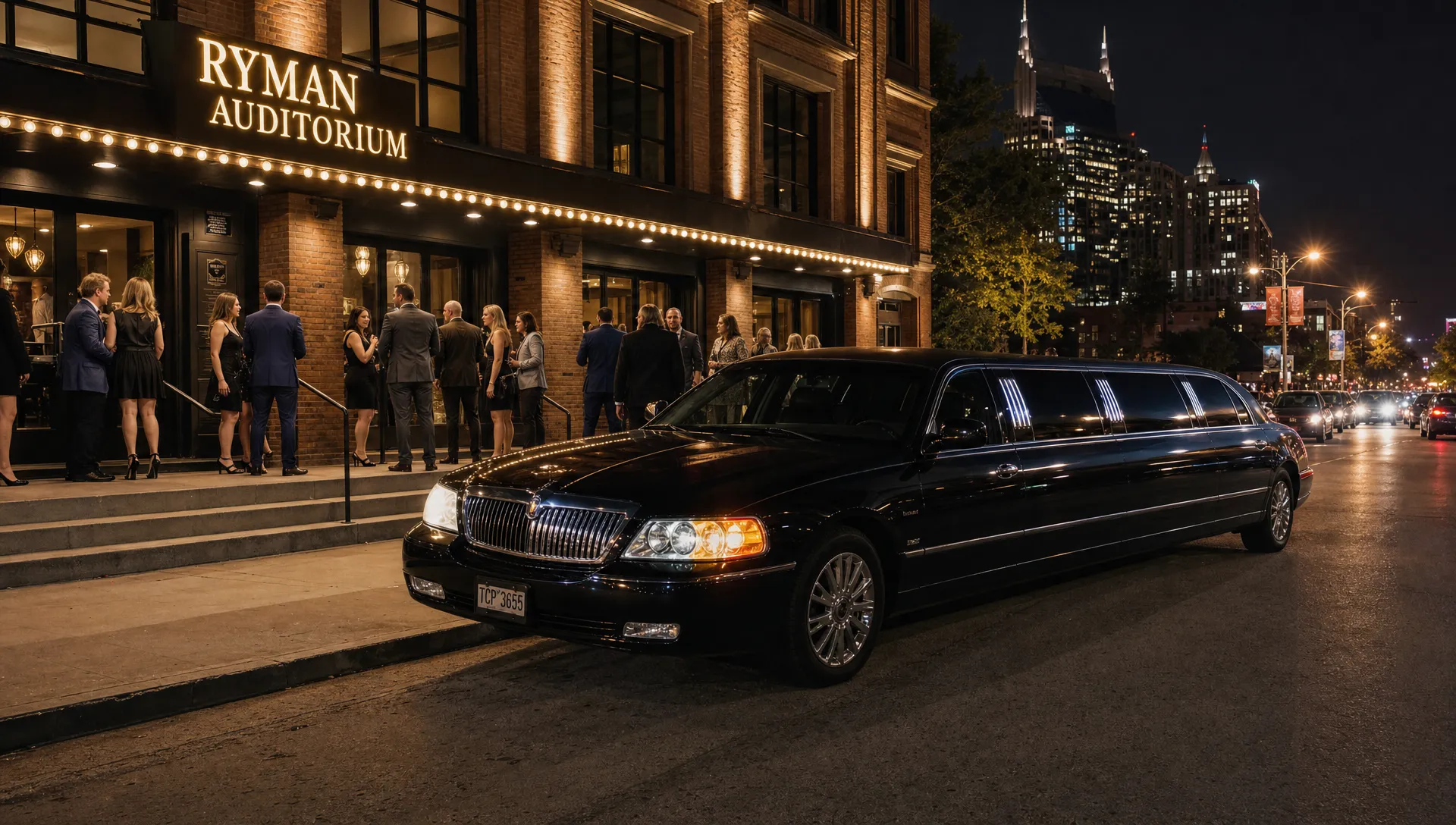 A black limousine waits outside a Nashville concert venue while guests in evening attire gather at the curb.