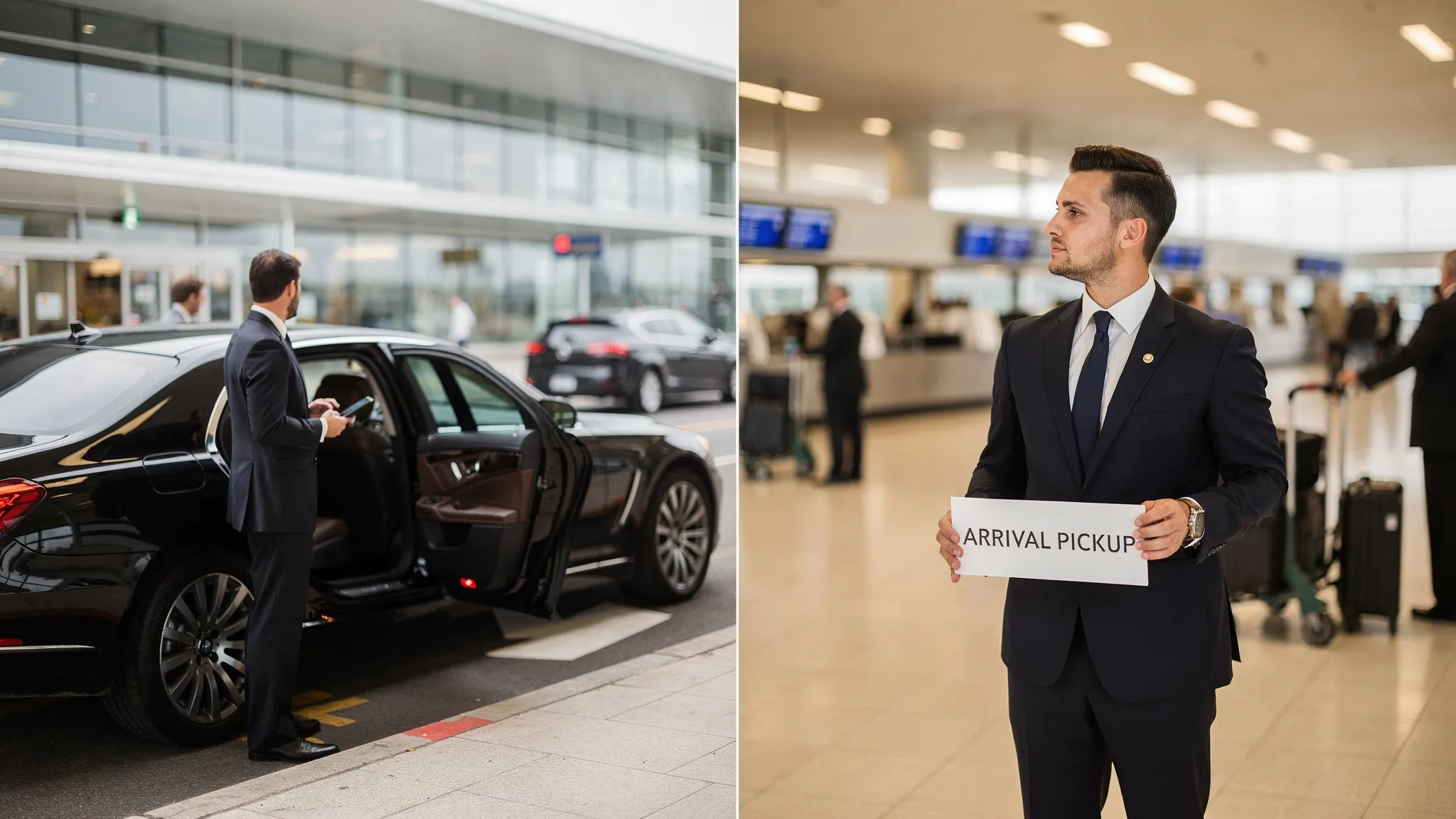 A simple comparison scene showing an airport arrivals curb with a chauffeured car at pickup, and a separate view of an indoor arrivals area where a chauffeur holds a name sign near baggage claim.