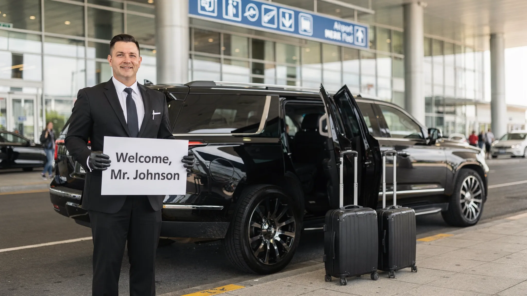 A chauffeur holding a name sign beside a luxury black SUV at an airport pickup zone, with luggage neatly staged on the curb and terminal signage in the background.