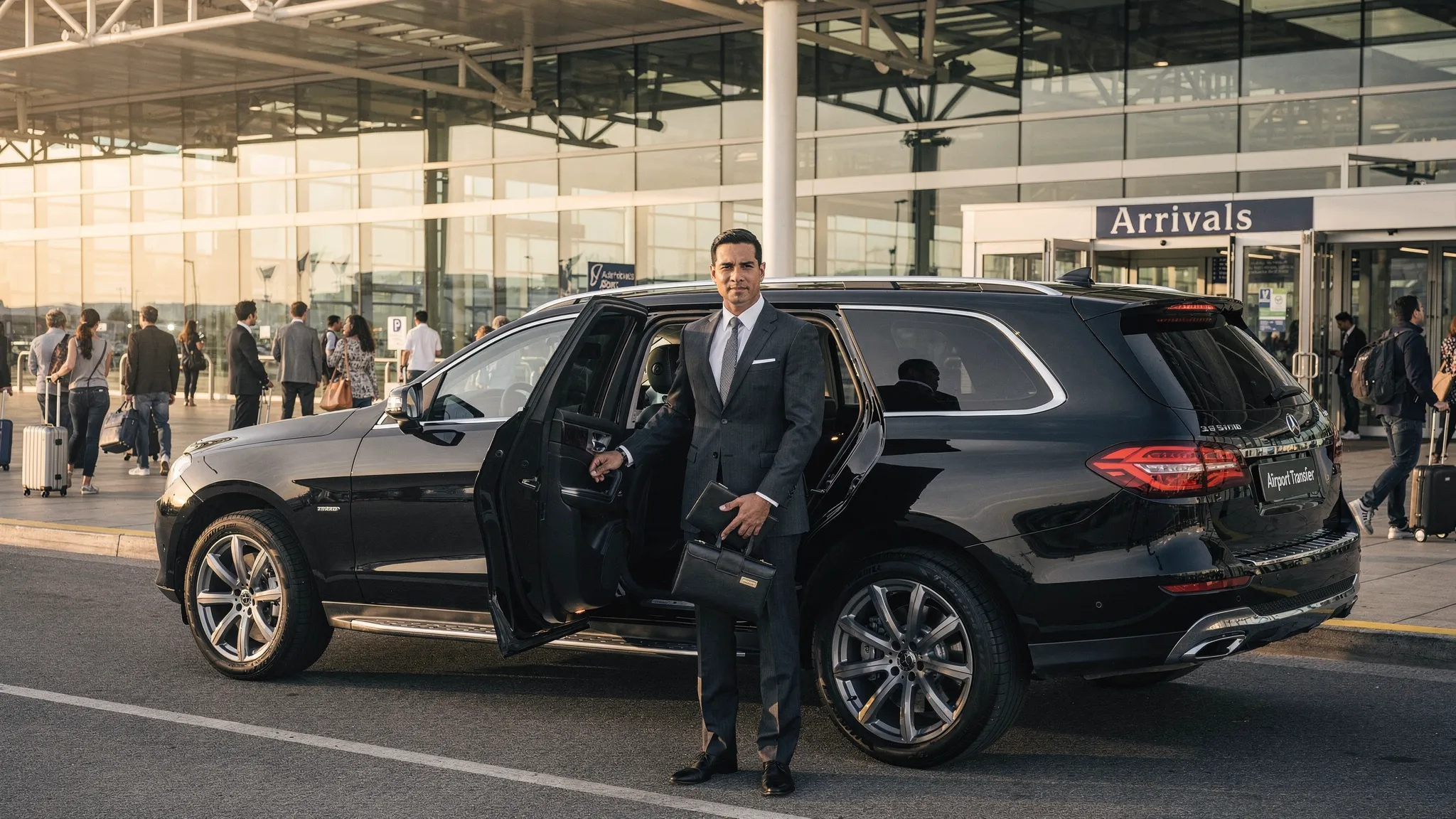 A professional chauffeur standing beside a black luxury SUV at a busy airport arrivals area, with travelers and luggage nearby, showing a polished airport transfer experience.