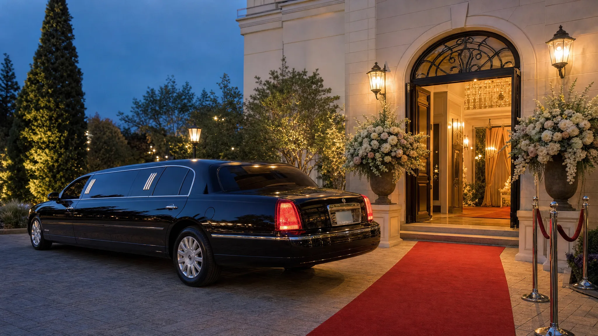 A black stretch limousine parked beside an elegant wedding venue entrance with floral arrangements near the doors, a red carpet leading to the entry, and a quiet evening scene prepared for a formal wedding arrival.