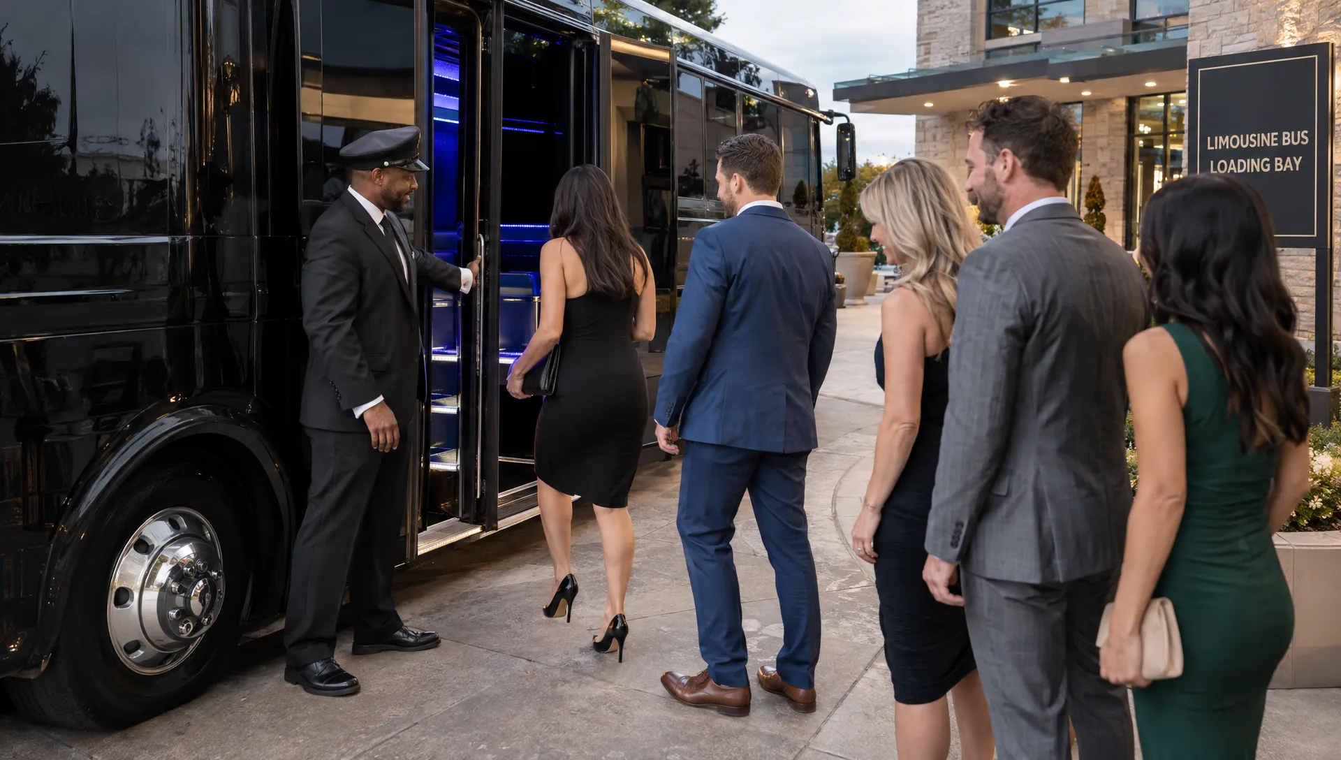 A chauffeur welcomes adult guests onto a limousine bus at a venue's marked loading bay, while the group waits together on the paved forecourt.