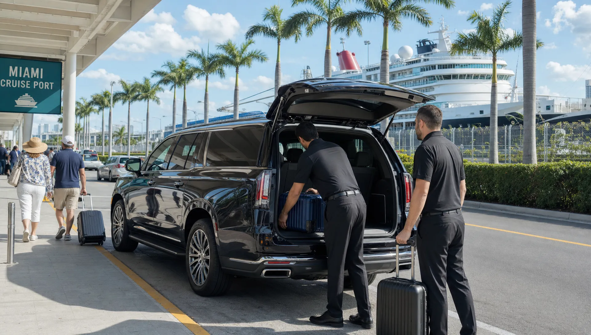 A black luxury SUV is being loaded with cruise luggage at a Miami Cruise Port curb.