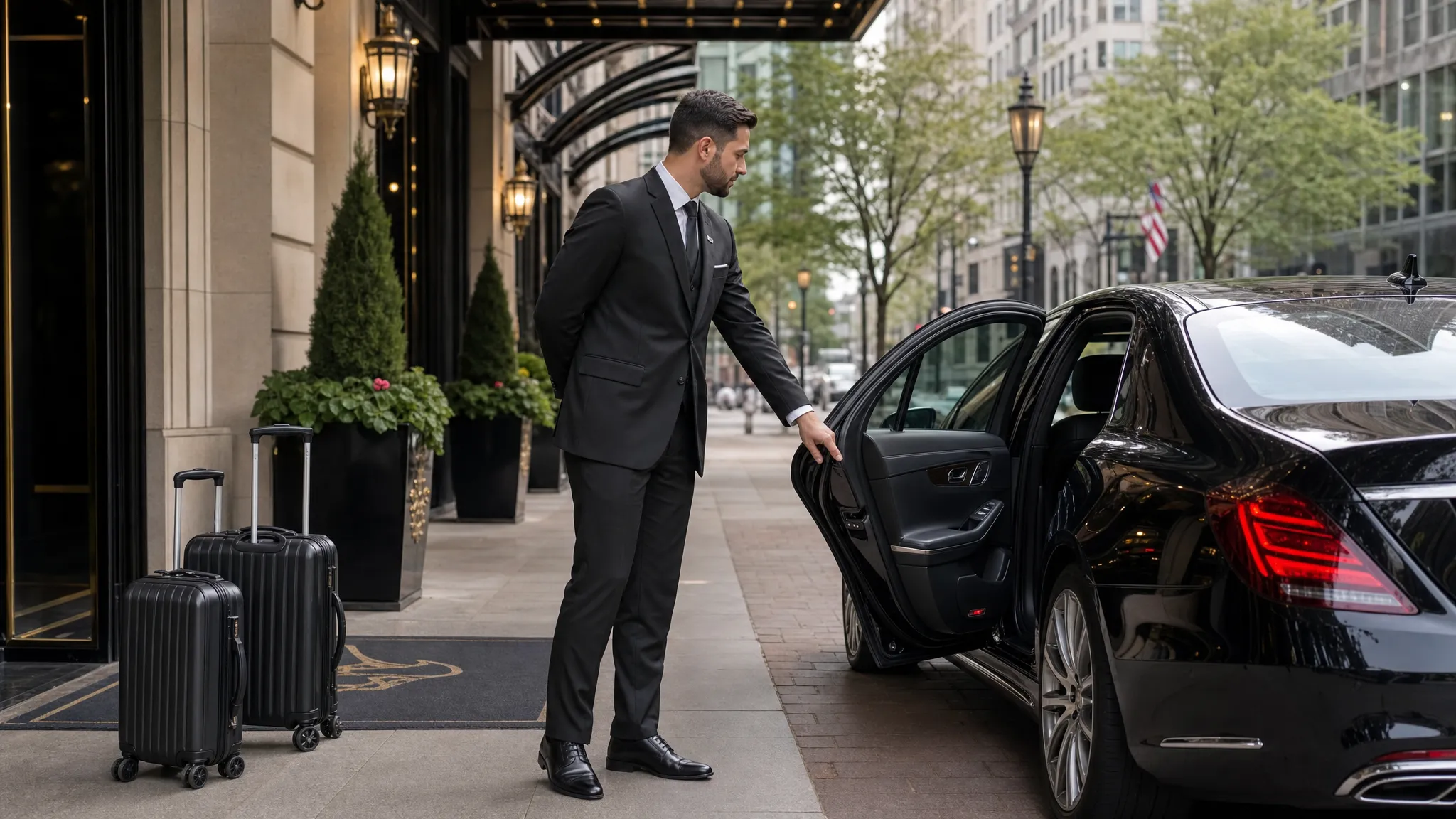 A professional chauffeur in a dark suit opening the rear door of a polished black luxury sedan outside an upscale hotel entrance, with luggage placed neatly nearby and a calm city street in the background.