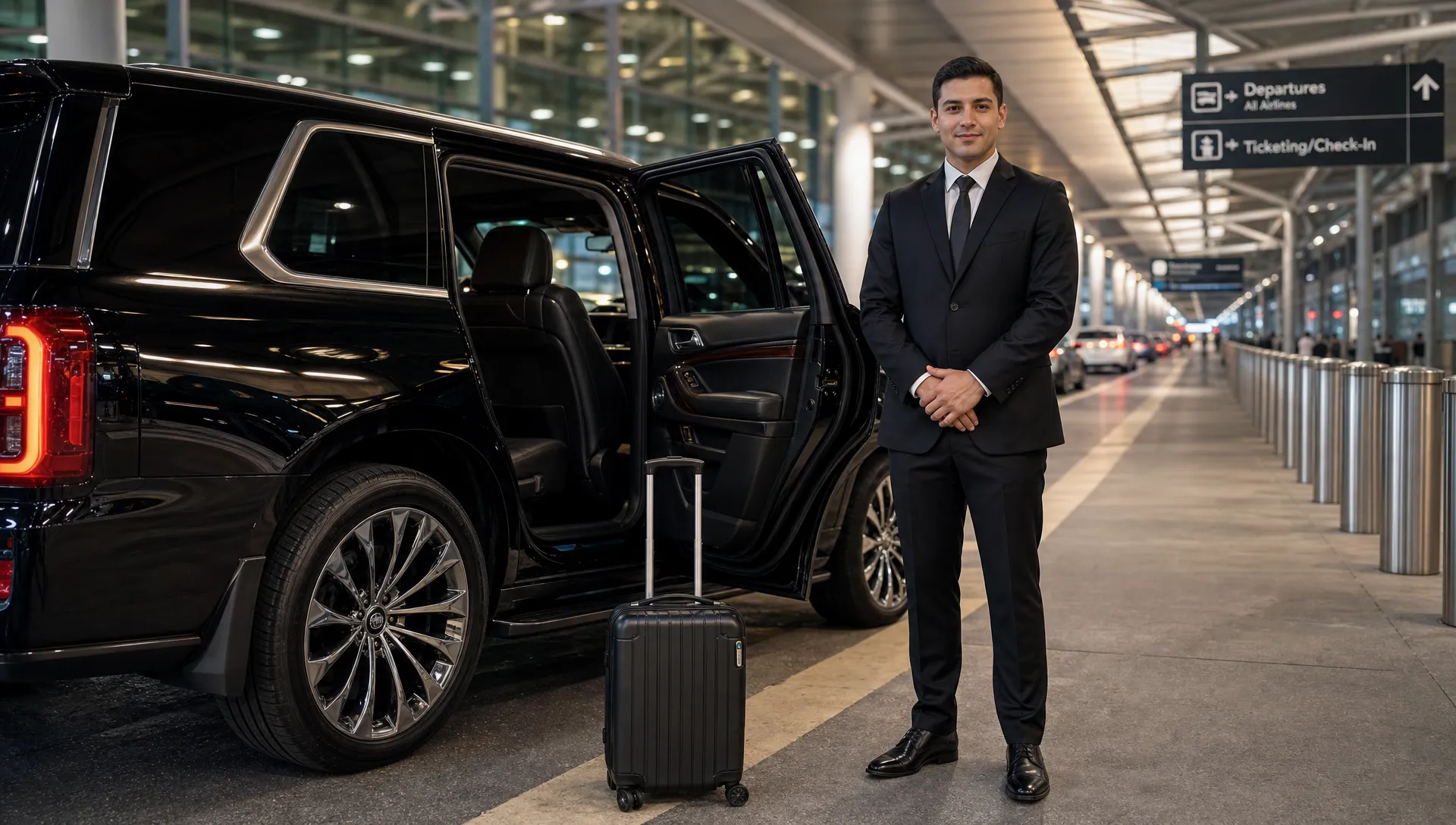 A professional chauffeur standing beside a black luxury SUV at an airport curb, with rolling luggage near the open rear door and terminal lights in the background.