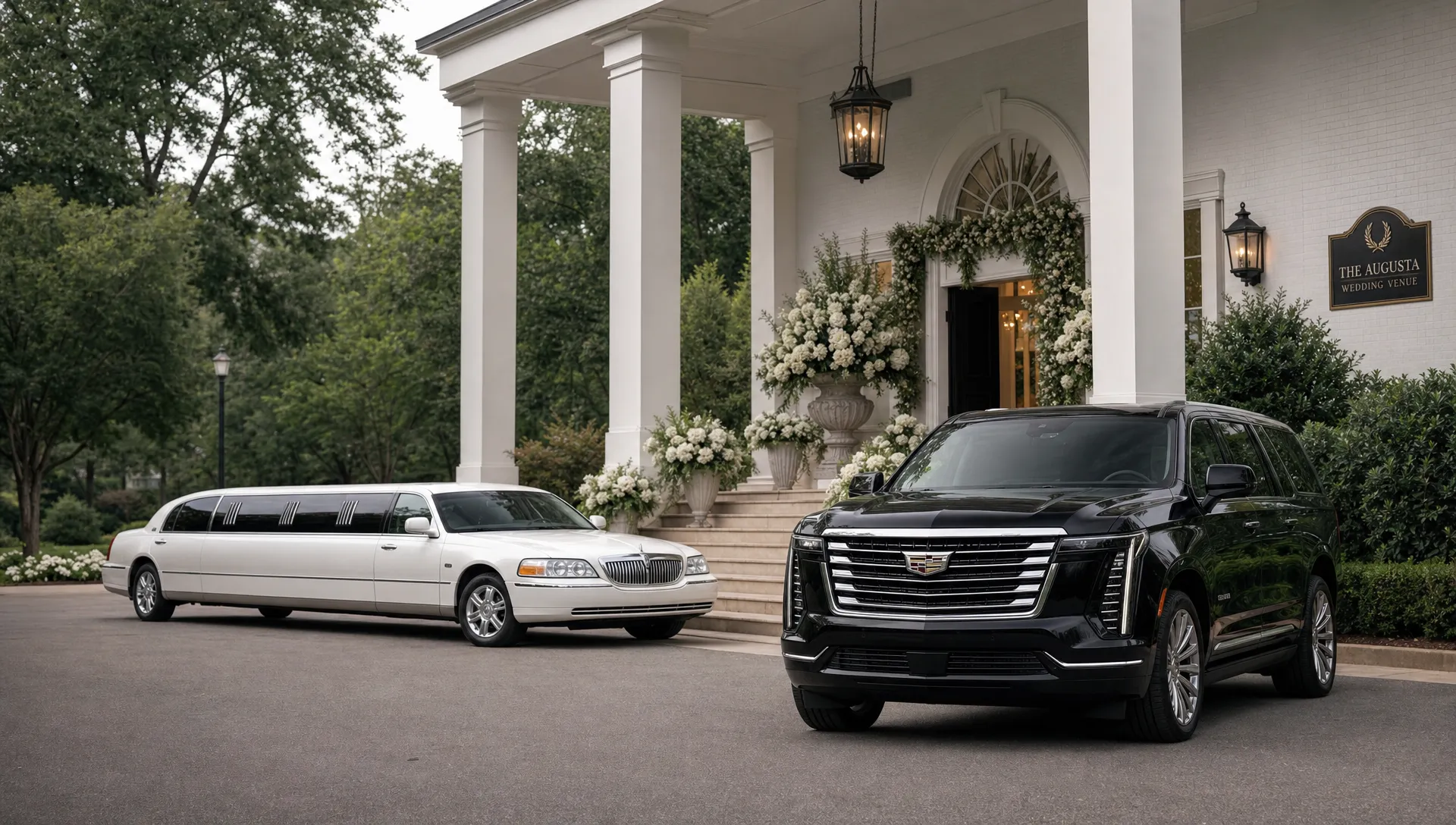 A black luxury SUV and a white stretch limousine wait outside an Augusta wedding venue with floral arrangements near the entrance.