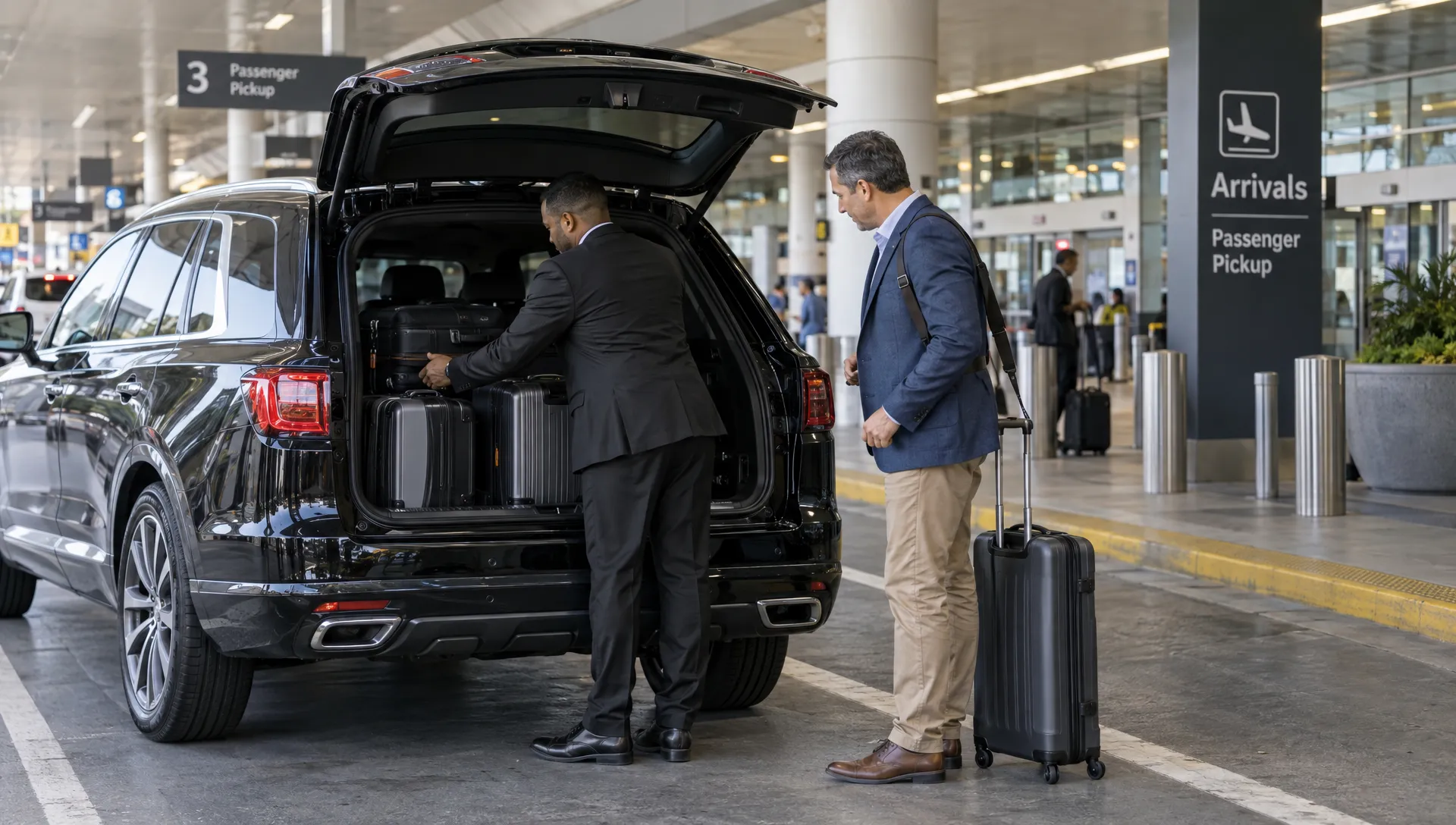 A chauffeur checks suitcase capacity while loading an SUV for an airport transfer with a traveler nearby.