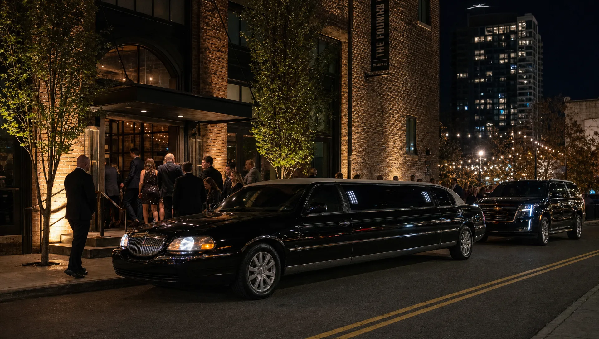 A black limousine and SUV wait outside a Nashville venue at night as guests arrive for an event.
