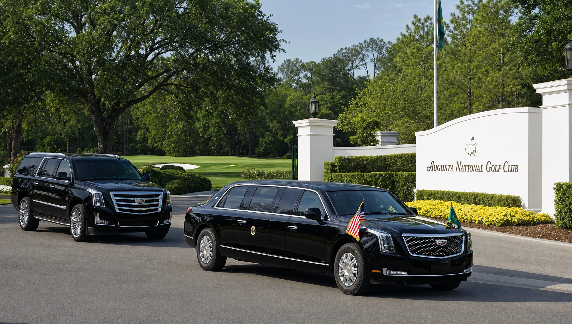 A black luxury limousine and a premium SUV parked near a manicured Augusta venue entrance with golf course greenery behind them, ready for a formal arrival.